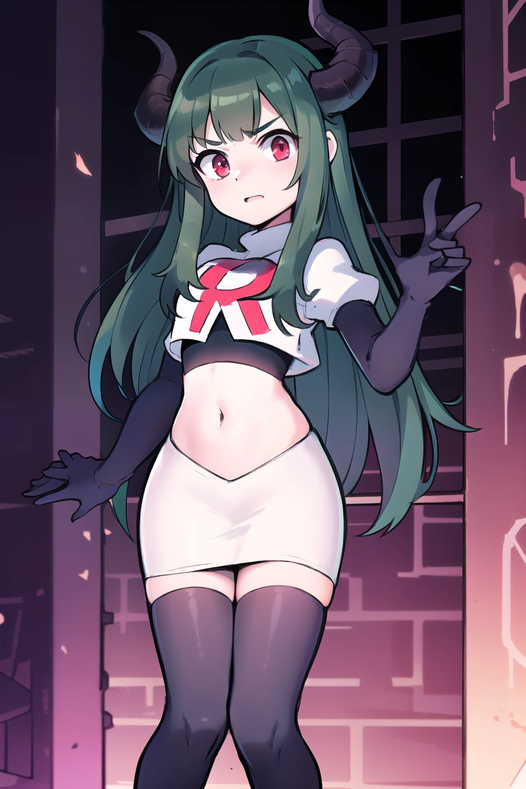 masterpiece, 1girl, simmer, green skin, colored skin, green hair, red eyes, horns, team rocket,team rocket uniform,white skirt,red letter R,crop top,black thigh-highs,black elbow gloves