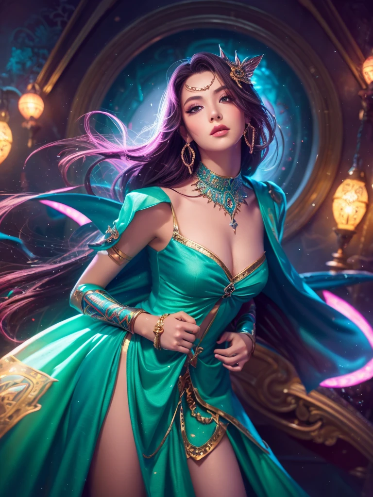 highest quality, 8k, Highly detailed face and skin texture, High resolution, Sexy girl in a colorful dress, Fantasy style background image, Magic Style, Sharp focus