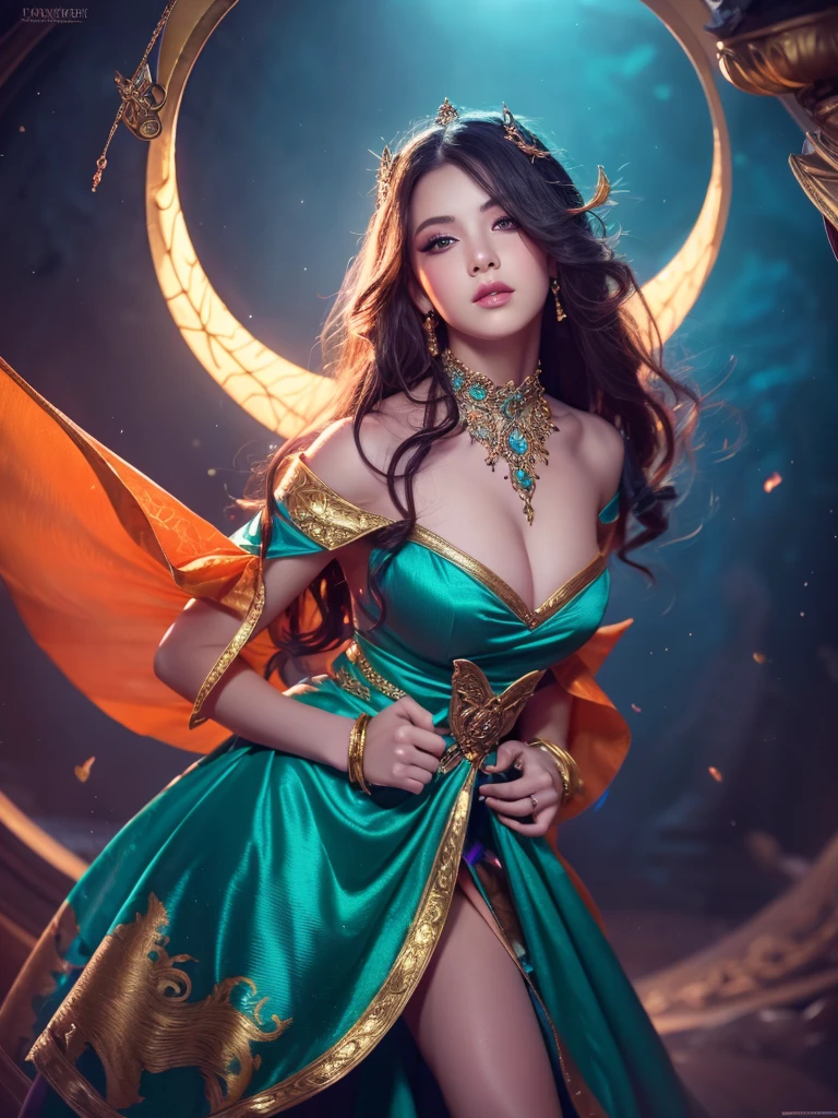 highest quality, 8k, Highly detailed face and skin texture, High resolution, Sexy girl in a colorful dress, Fantasy style background image, Magic Style, Sharp focus