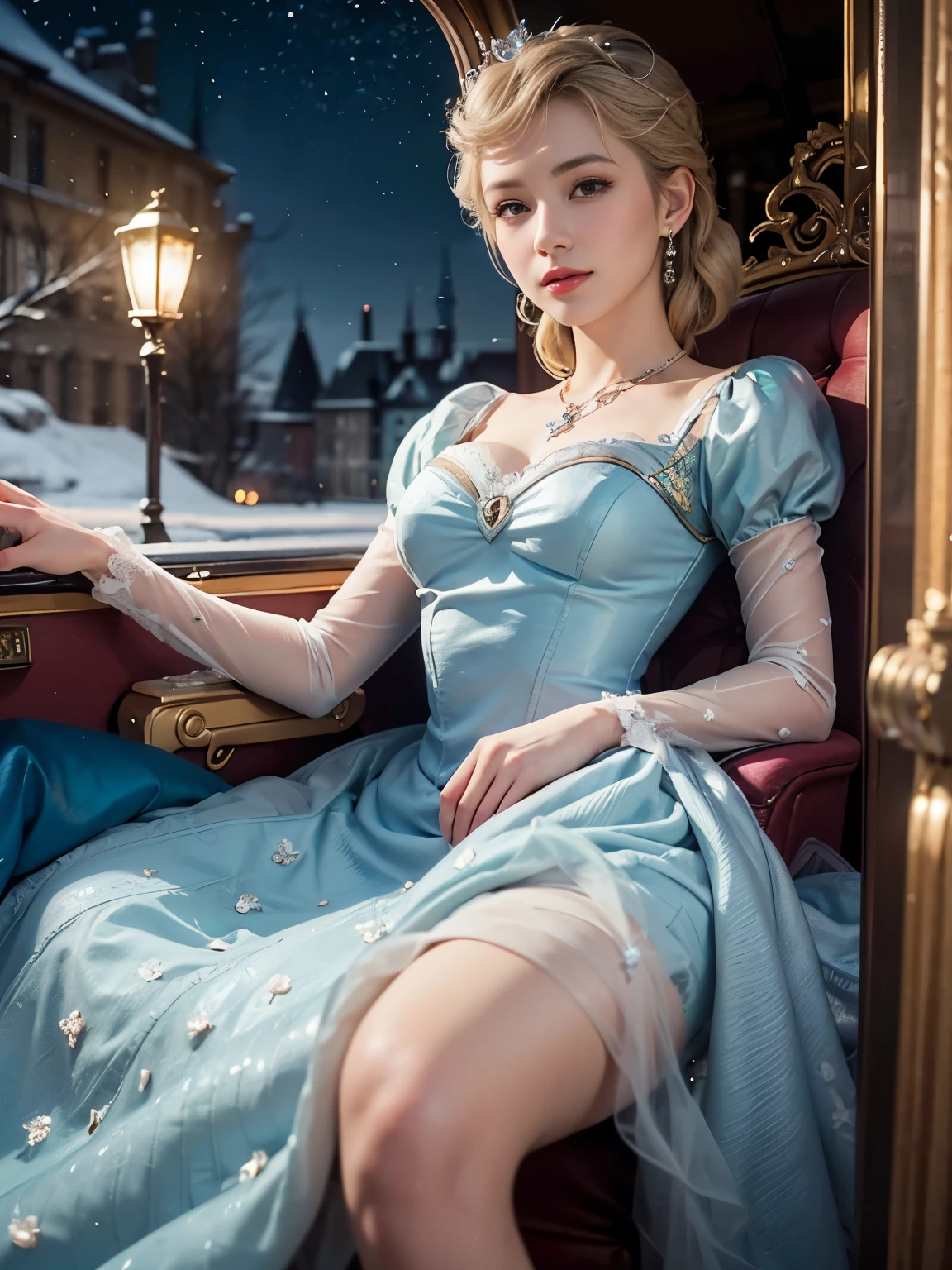 highest quality、High resolution、Ultra-detailed、masterpiece、Raw photo、Realistic、Photorealistic:1.5、Very delicate and beautiful、In detail、1 Female、(so beautiful)、(Beautiful Face:1.6)、(Detailed face)、cinderella heroine、(European:1.1)、(sit in a carriage seat:1.2)、(Spread your legs:1.5)、(Short dress suitable for Cinderella:1.5)、necklace、crown、gyuru、(Blonde)、(blue eyes)、High heels、It's snowing、Historical background suitable for Cinderella、(night:1.3)、(At S.F.W.)