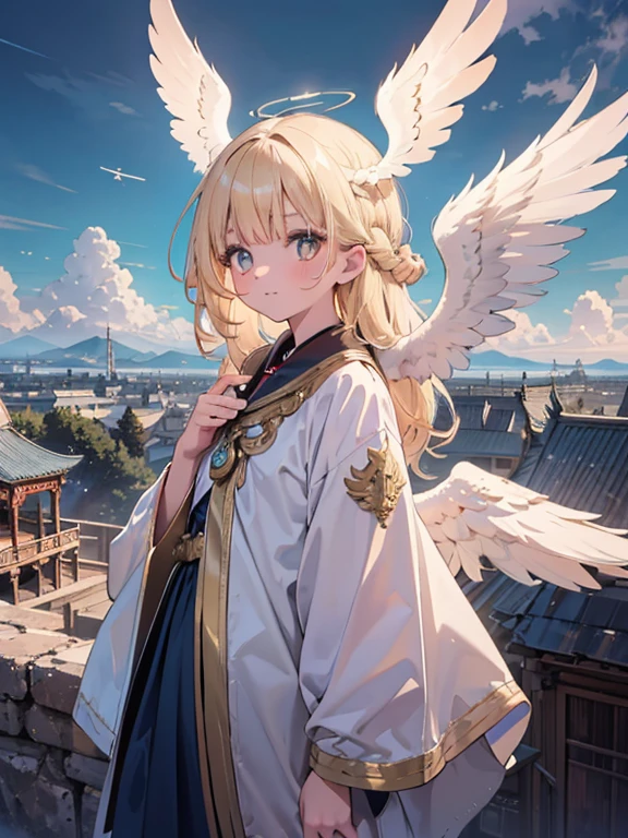 masterpiece, highest quality, Very detailed, 16k, Ultra-high resolution, Cowboy Shot, One ****************, Detailed face, Perfect Fingers, Angel halo on head, Golden Eyes, Blonde, Braid, Thin and light clothing, Angel wings growing on the back, Above the Clouds, temple, Fantastic landscape, Flying on angel wings