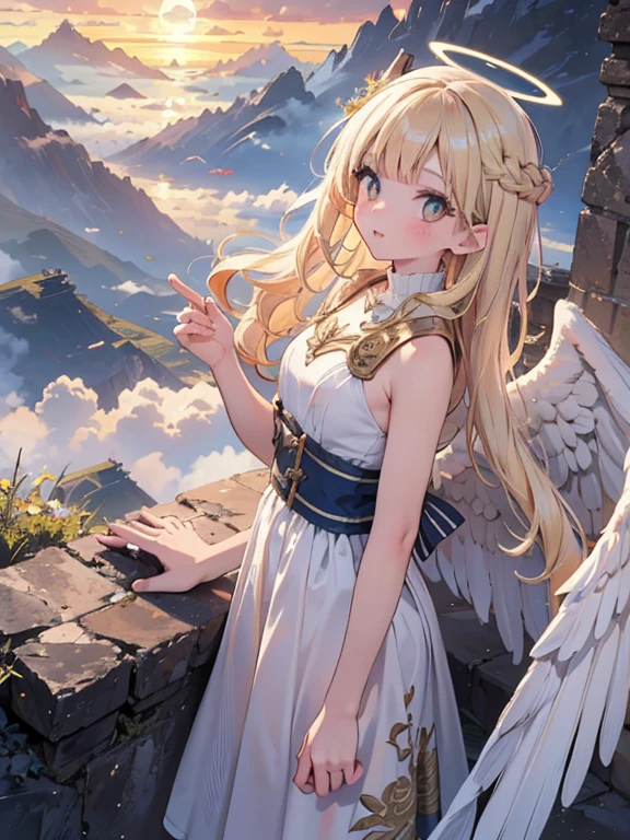 masterpiece, highest quality, Very detailed, 16k, Ultra-high resolution, Cowboy Shot, One -yeld gi Detailed face, Perfect Fingers, Angel halo on head, Golden Eyes, Blonde, Braid, Thin and light clothing, Angel wings growing on the back, Above the Clouds, temple, Fantastic landscape, Flying on angel wings