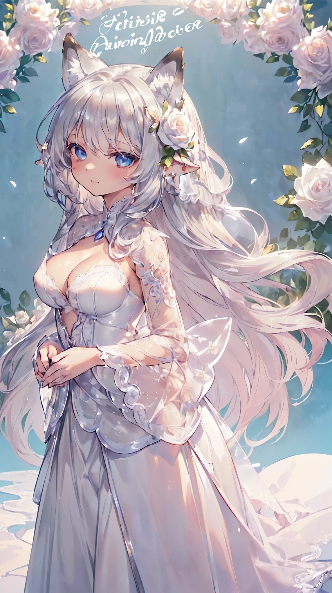 (((Masterpiece))), (((Highest quality))), ((Ultra-detailed)), ((Super fine illustration)), ((Ultra-fine painting)), (16K highest quality wallpaper:1.4), (Chibi:2.0), (Full body:1.4), (Highly detailed and delicate illustration style:1.8), Detailed skin texture, Detailed cloth texture, Detailed rose flower texture, Extreme detailed description, (T-masterpiece), (Highly detailed face:1.4), (Highly detailed silver fox ears:1.2), (Highly detailed silver hair:1.2), (Highly detailed, beautiful and clear eyes:1.2), Original, RAW photo, Professional, Intricate details, Super details, Direct light:1.6, (Perfect anatomy:1.4), (Highly detailed hands:1.2), (Highly detailed fingers:1.2), (Highly detailed fingertips:1.2), (27-years-old), Real, (Solo:1.6), ((A very beautiful and attractive silver fox female model:1.4)) BRAKE (Beautiful and adorable silver fox ears:1.6), (Highly detailed and delicate silver fox ears:1.4), (Beautiful and well-shaped big breasts:1.2), (Beautiful and well-shaped buttocks), (Beautiful and shiny silver hair:1.6), (Highly detailed and delicate silver hair:1.4), (Beautiful clear blue eyes that shine with great detail:1.6), (Highly detailed and delicate blue eyes:1.2), (Highly detailed face:1.4), (Smile:1.4), (Looking at viewer:1.4), (Standing:1.4), (Celebration:1.4) BRAKE ((A beautiful and gorgeous princess dress that is detailed and delicate to be worn at celebratory occasions:1.4)) BRAKE ((Holding in both hands a large bouquet of highly detailed and delicate ((white and pink roses)):1.3)) BRAKE (Just after noon:1.4), (Celebration:1.4), ((Highly detailed and delicate white rose flower and pink rose flower garden background:1.4)), (Highly detailed and delicate royal palace courtyard background in just after noon in spring:1.4) BRAKE 