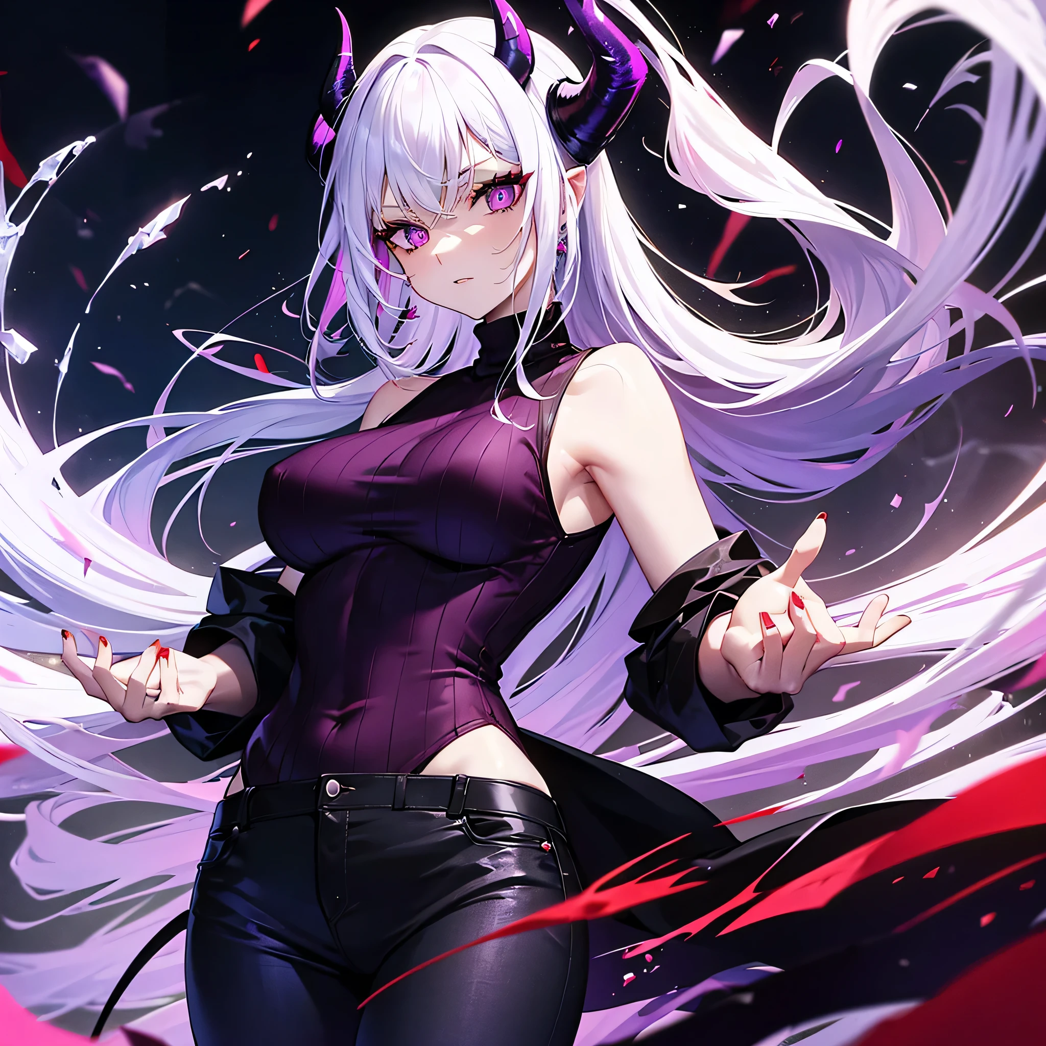 (Two demon woman) red hair demon woman with purple eyes, sexy, tight black sweater, tight jeans. White hair demon woman with purple eyes, sleeveless sweater.