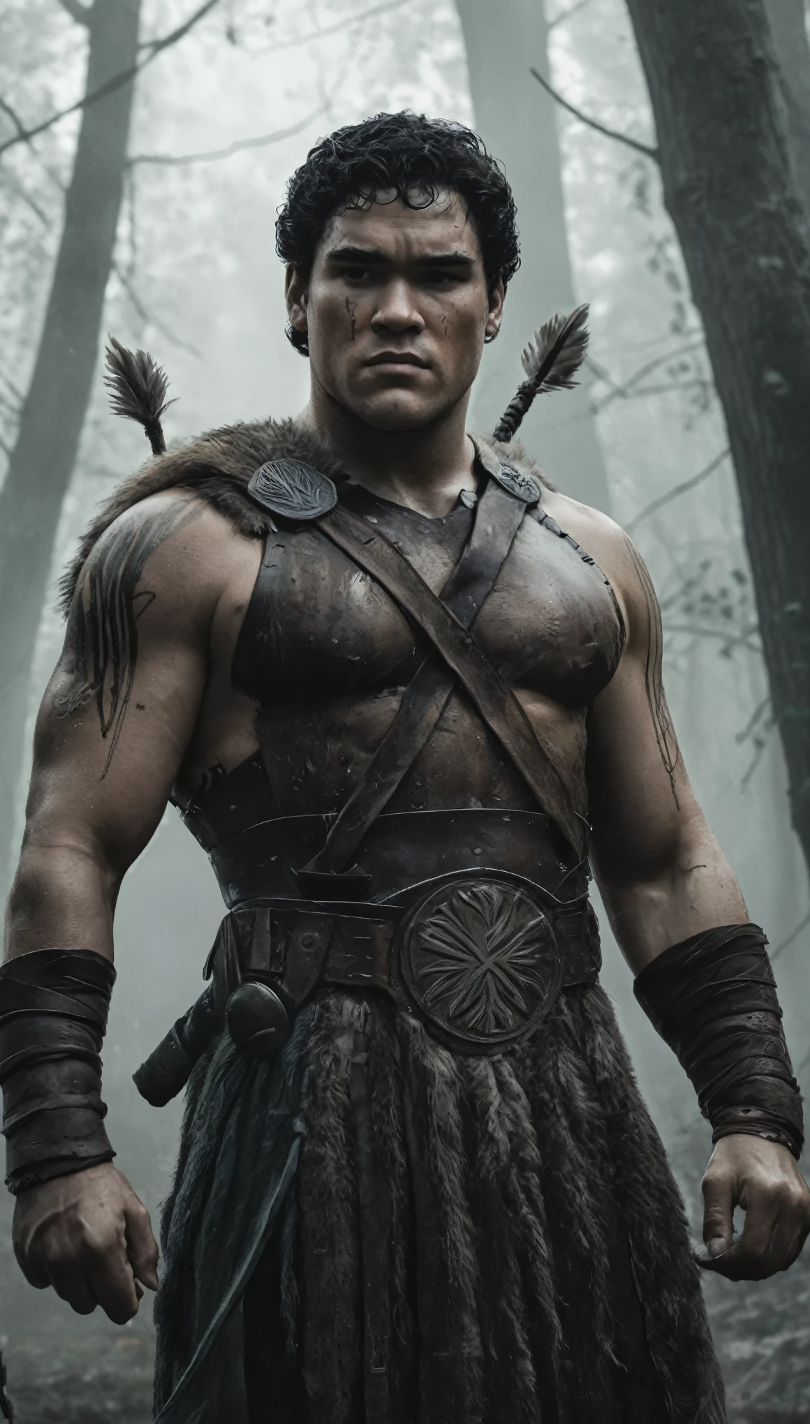An illustrated movie poster, hand-drawn, full color, a giant barbarian, 21 years-old, wearing a leather harness, resembles Dean Cain, sun-tanned skin, stocky physique, extremely tall, chubby, robust, deep brown eyes, wide bulbous nose, black hair, curly hair, thick bushy eyebrows, scruffy beard, extremely hairy chest, stomach, and arms, lots of body hair, posing in a misty grove, hard shadows, graphite shading, stencil markings, airbrushed acrylic paint, masterpiece, in the style of Game of Thrones