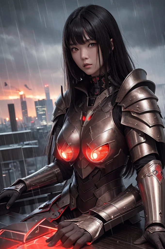 1 Japanese girl, War Armor, complex patterns, Heavy Metals, Energy Line, The Faceless, Glowing eyes, elegant, powerful, Blood red and black, Solitary, Modern, City, A City scape, dark clouds, thunderstorm, Heavy rain,, Dramatic Lighting,, (On the table:1.2), best quality, high resolution,   Beautiful and detailed, Extremely detailed, Perfect lighting,