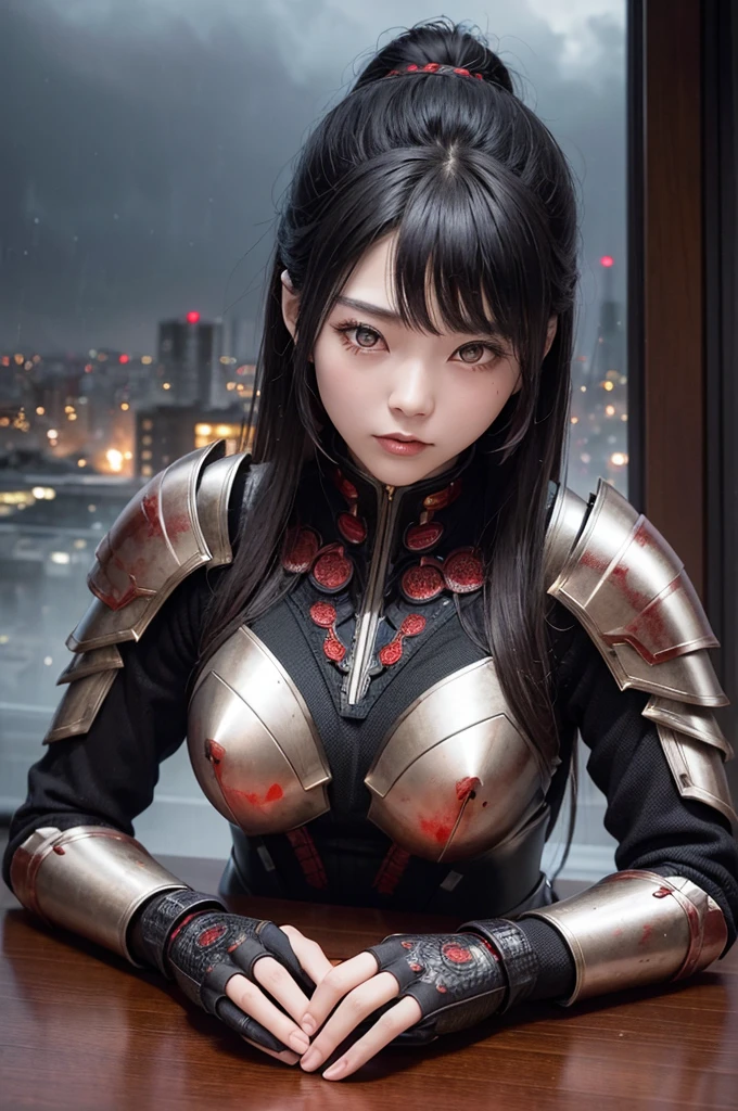 1 Japanese girl, War Armor, complex patterns, Heavy Metals, Energy Line, The Faceless, Glowing eyes, elegant, powerful, Blood red and black, Solitary, Modern, City, A City scape, dark clouds, thunderstorm, Heavy rain,, Dramatic Lighting,, (On the table:1.2), best quality, high resolution, Beautiful and detailed, Extremely detailed, Perfect lighting,