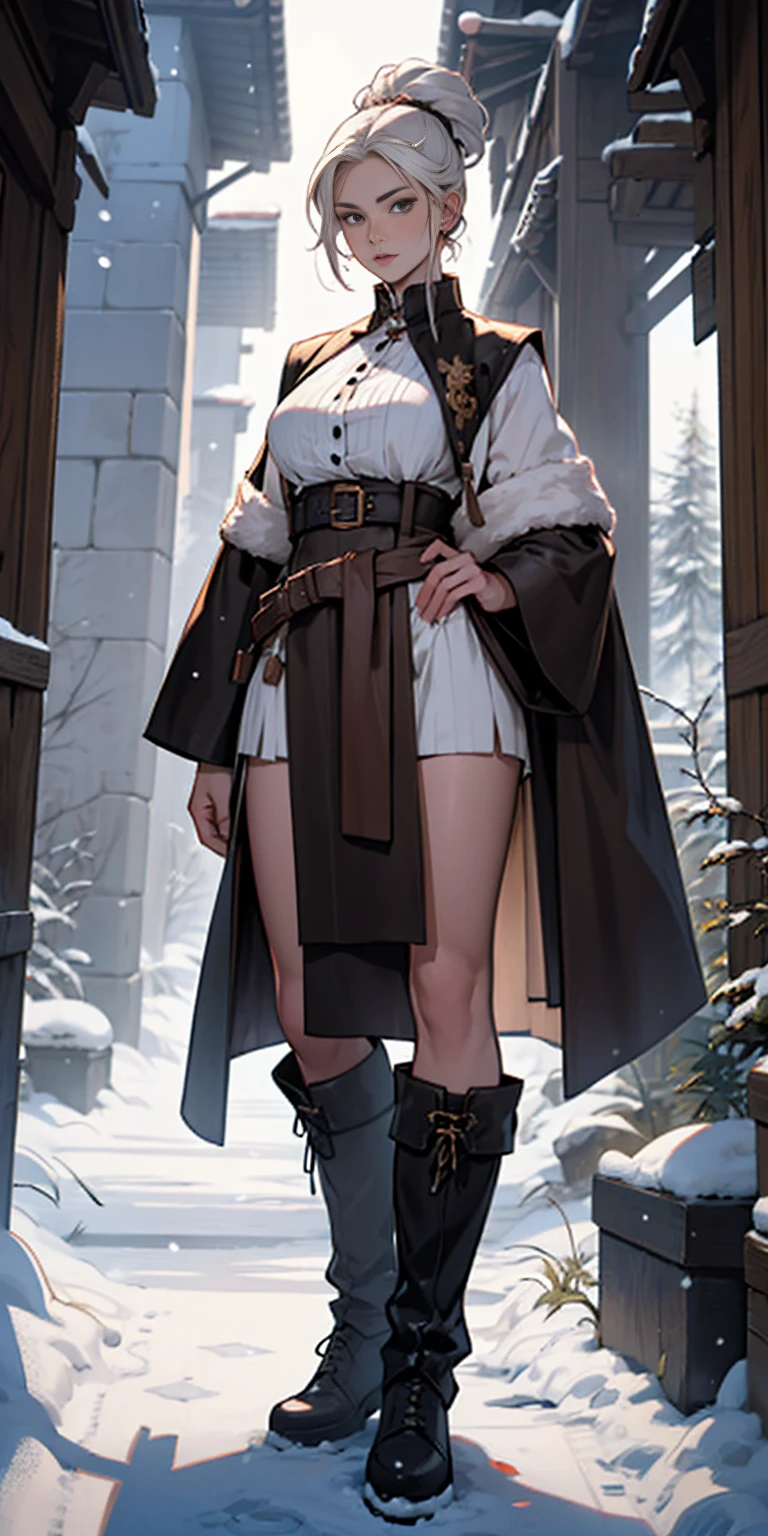 full body standing straight symmetrical, FEMALE warrior princess, big belt around waist, hair, very white skin like snow, wearing full HERBALIST CLOTHES, brown leather boots, HERBALIST outfit, MILF bimbo