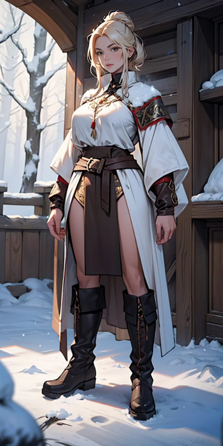 full body standing straight symmetrical, FEMALE warrior princess, big belt around waist, hair, very white skin like snow, wearing full HERBALIST CLOTHES, brown leather boots, HERBALIST outfit, MILF bimbo