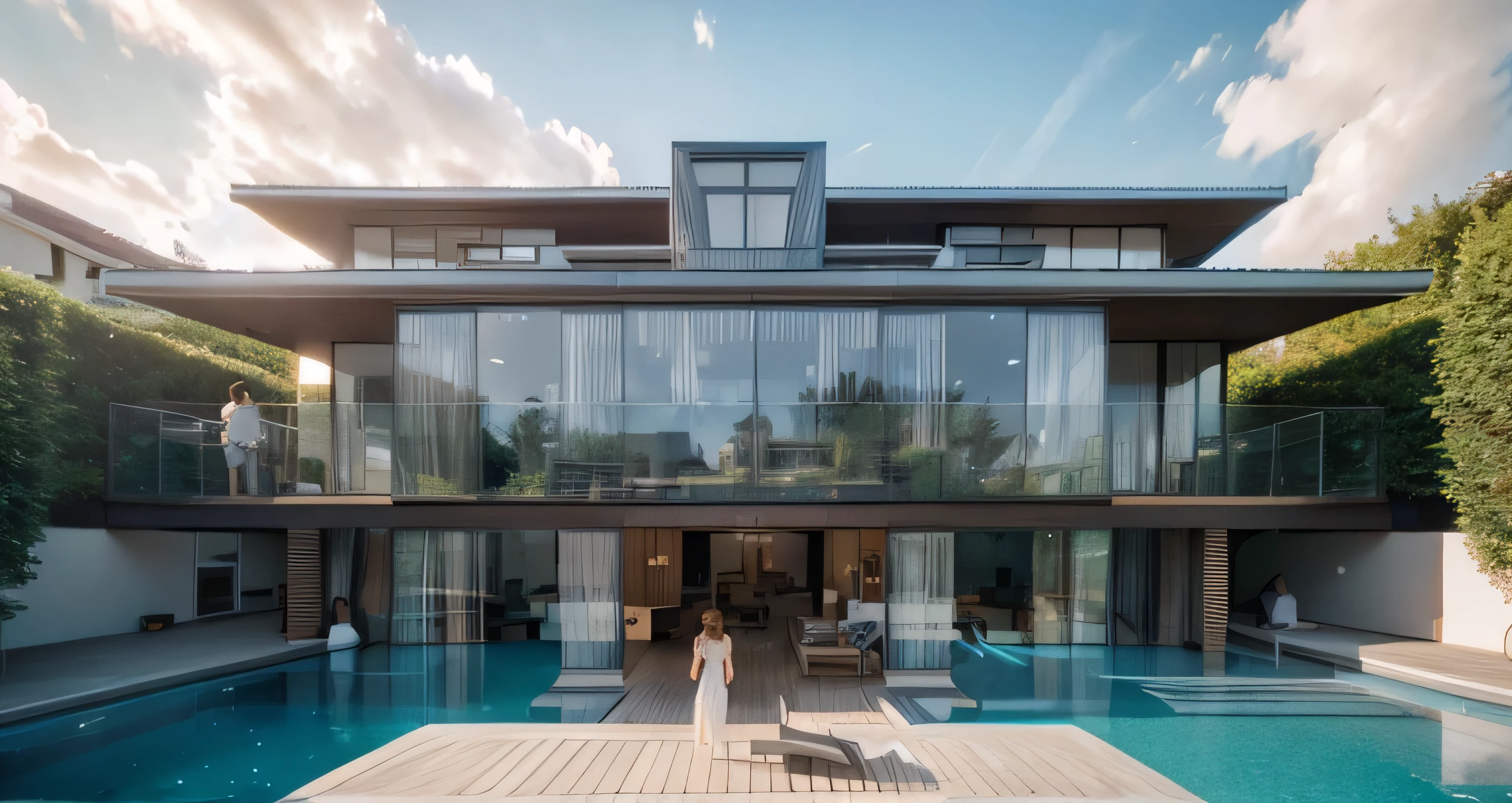 the exterior of the house; garden landscape, a pool with clear water, daytime, realistic, wide angle, (( render vray )), cloudy sky, morning, sunlight, European plants, render, spring light, detailed, modern style, clear image, glasses, high reflection, RAW photo, (high detailed skin:1.2), 8k UHD, DSLR, soft lighting, high quality, film grain, Fujifilm XT3
