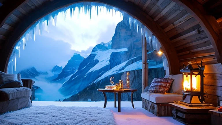 Ice palace: glacier Ice cave office,
Location: Swiss Alps,
Suite: grotto decorated with ice sculptures and crystals,
Views: blue-tinged glacier views, magical space with glistening icicles,
Equipment: wood-burning stove, hot chocolate pot, reading lamp,
sofa, coffee,