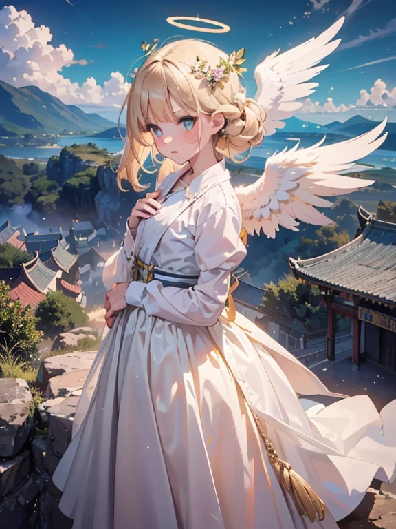 masterpiece, highest quality, Very detailed, 16k, Ultra-high resolution, Cowboy Shot, One 12-year-old girl, Detailed face, Perfect Fingers, Angel halo on head, Golden Eyes, Blonde, Braid, Thin and light clothing, Angel wings growing on the back, Above the Clouds, temple, Fantastic landscape, Flying on angel wings