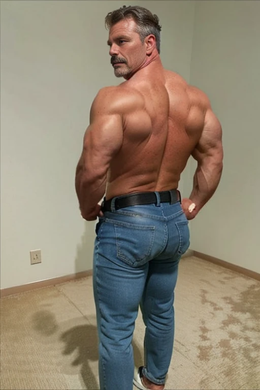 age 60, white man police detective with a mature, backside, kind demeanor, strong and muscular yet chubby build, mustache, wearing dress pants and a buttoned-open translucent shirt that reveals a hairy chest and a noticeable bulge, wearing detective badge on belt, giving off a hint of a horny yet disgusting aura, completing the look with comfortable loafers. Shirtless backside ((big butt)) blue jeans detailed
