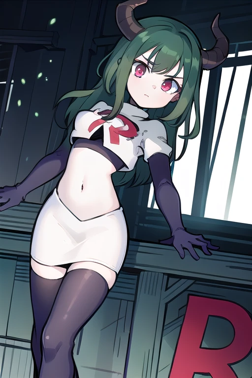 masterpiece, 1girl, simmer, green skin, colored skin, green hair, red eyes, horns, team rocket,team rocket uniform,white skirt,red letter R,crop top,black thigh-highs,black elbow gloves