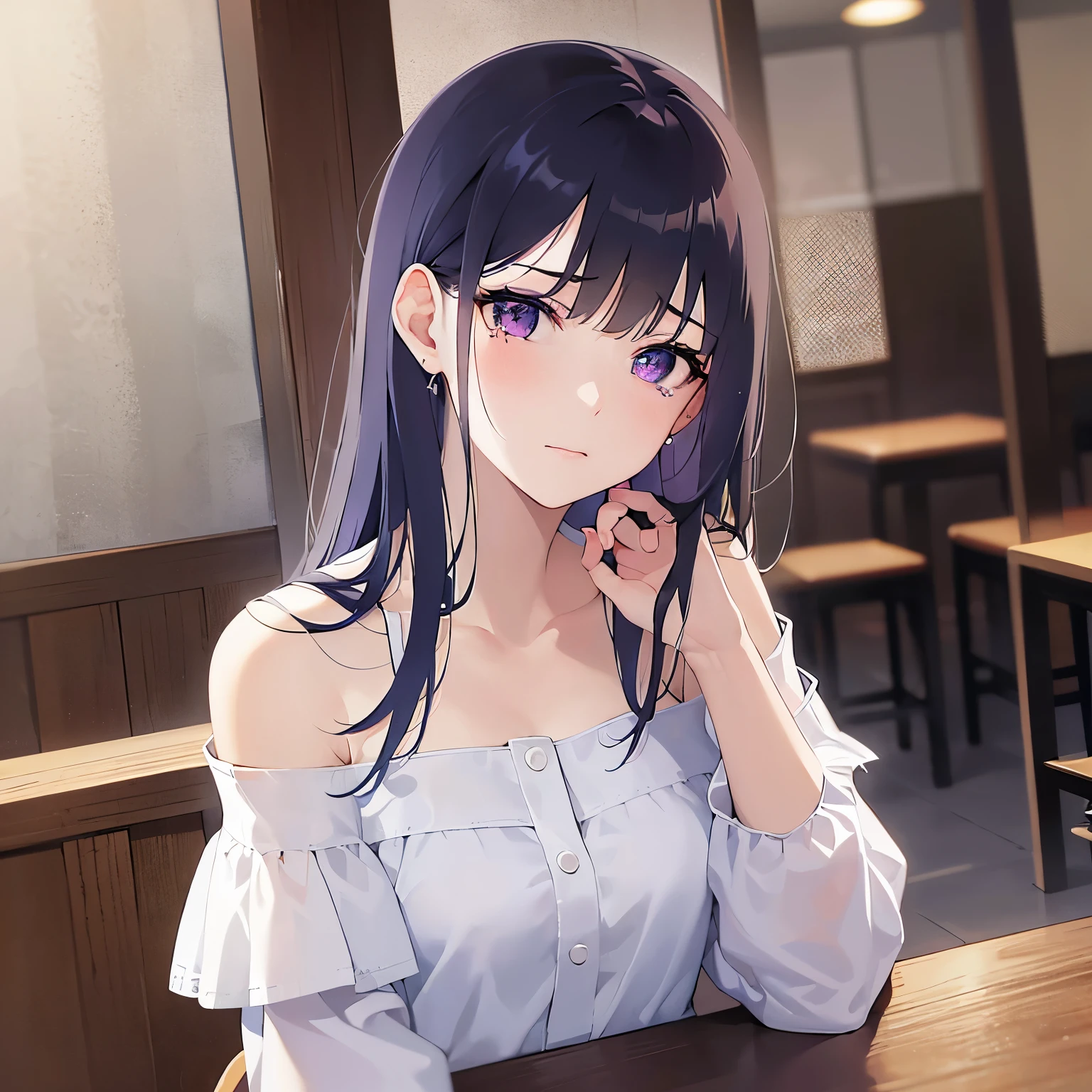 looking up, Placing hand on face, Biologically correct five fingers、upper body, Realistic, real person, (pale skin: 1.2), (RAW photo:1.5), photorealistic, shiny skin, shiny hair、(A 25-year-old woman with straight hair and bangs) and (medium hair) and (black hair) and (purple eyes), White off-shoulder blouse, (embarrassed:1.2), Bad mood, (tears:1.2), The background is the interior of a cafe、alone、Are standing
