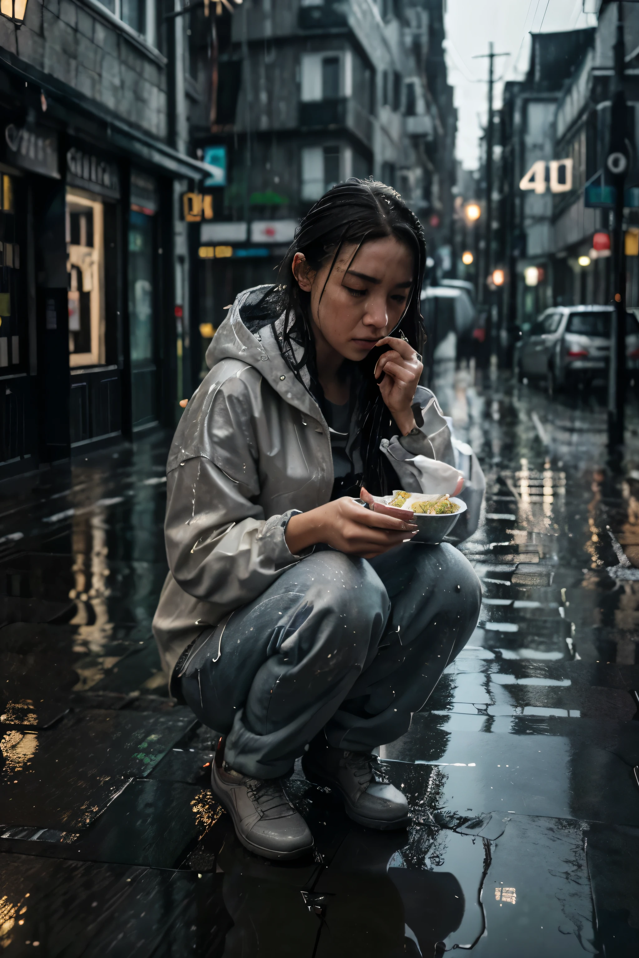 (best quality, HDR, 4k, realistic:1.37), a girl, eating noodles, a cat, crying, raining, detailed eyes, detailed lips, emotional expression, soaked clothes, dark atmosphere, dimly lit, wet street, reflection, sadness, gray color palette, damp environment, raindrops, puddles, blurred background