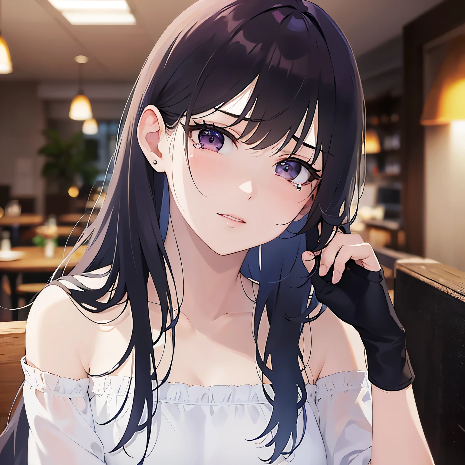 looking up, Placing hand on face, Biologically correct five fingers、upper body, Realistic, real person, (pale skin: 1.2), (RAW photo:1.5), photorealistic, shiny skin, shiny hair、(A 25-year-old woman with straight hair and bangs) and (medium hair) and (black hair) and (purple eyes), White off-shoulder blouse, (embarrassed:1.2), Bad mood, (tears:1.2), The background is the interior of a cafe、alone、Are standing