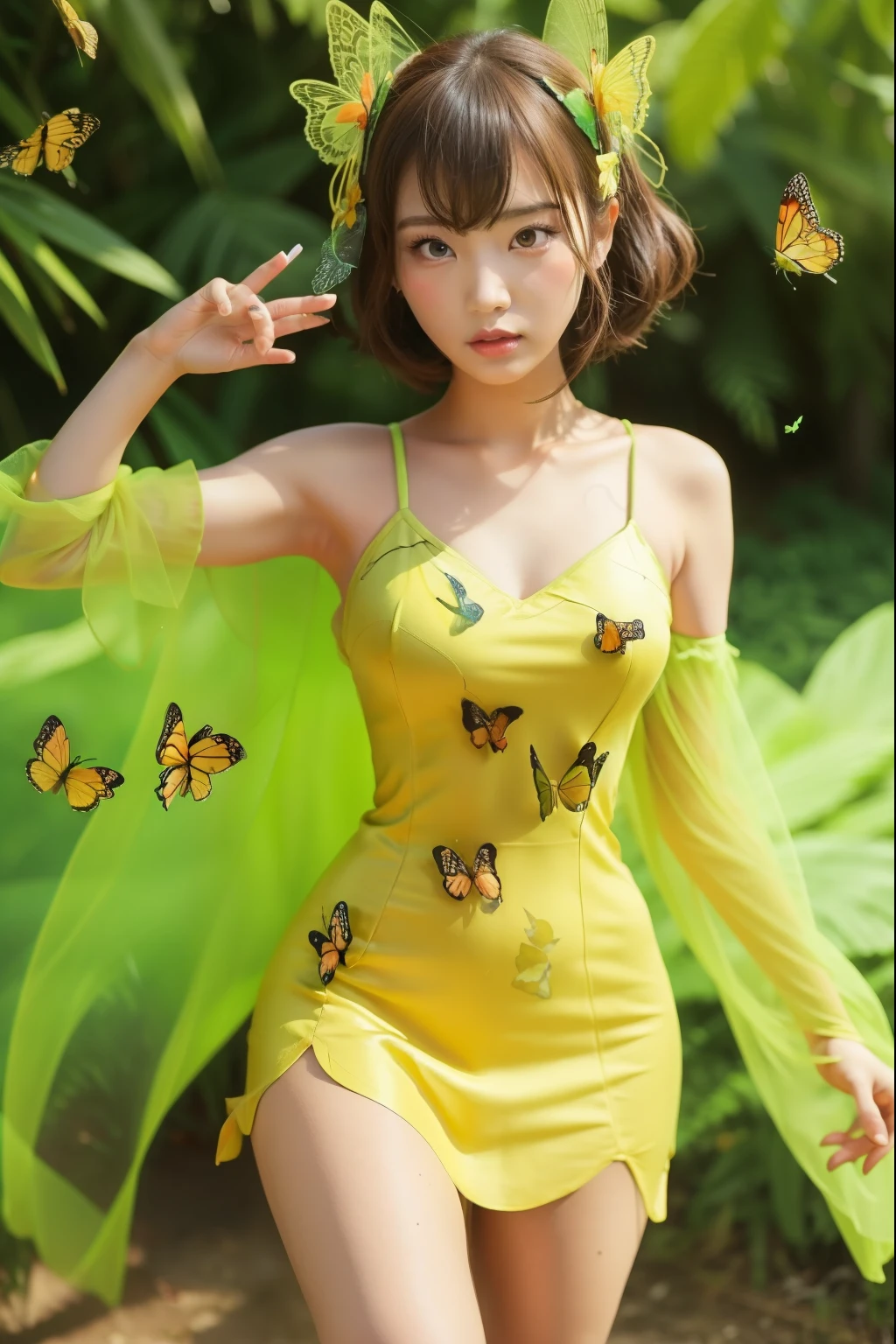 Female idol covered in butterflies、Whole Body Ezbian、、A Chinese dress covered with butterflies（fluorescent green and yellow）、Illuminate、Apparition