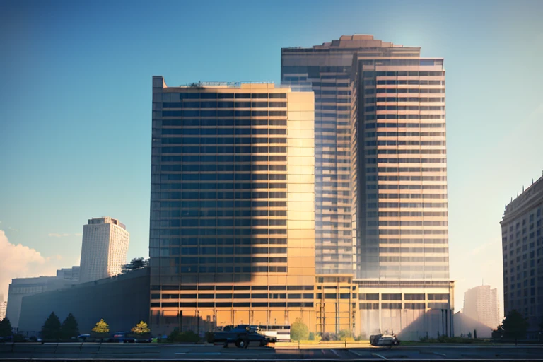 high-rise building exterior,concrete structure,artstation,matte paint,high quality,high resolution sf,complex artwork masterpiece,golden ratio,monumental,urban, Park in front of the building,Tea-stained glass, blue sky, golden sunshine, modern architecture