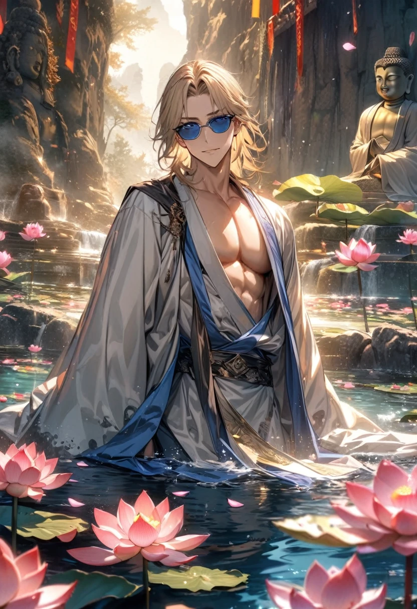 absurdres, highres, ultra detailed, HDR, master piece, best quality, perfect face, beautiful eyes, Buddha Gautama, ash-blonde hair, expressive blue eyes, sunglasses, Shuumatsu No Valkyrie, solo, sexy man, handsome, robes, water, lotus, petals