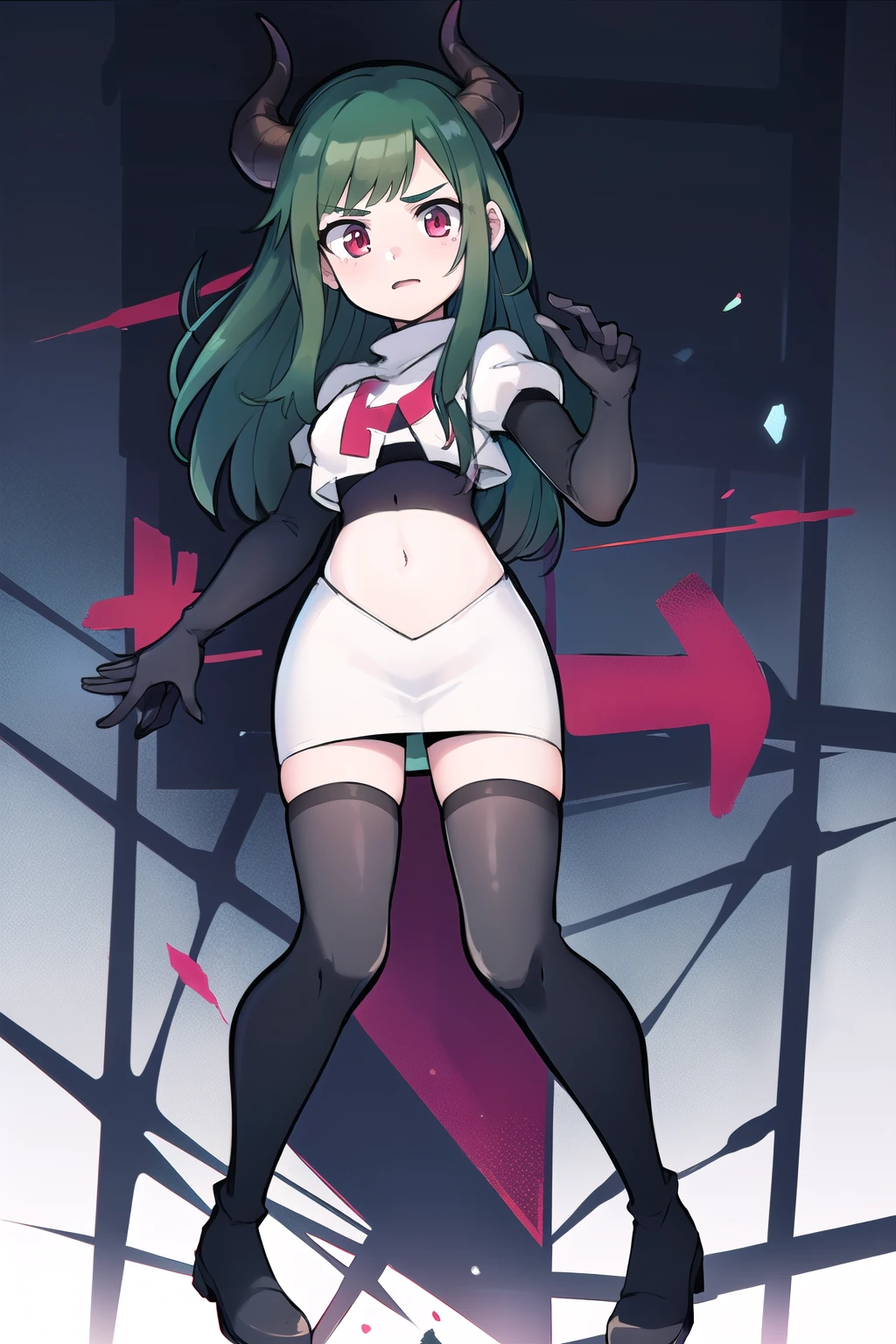 masterpiece, 1girl, simmer, green skin, colored skin, green hair, red eyes, horns, team rocket,team rocket uniform,white skirt,red letter R,crop top,black thigh-highs,black elbow gloves