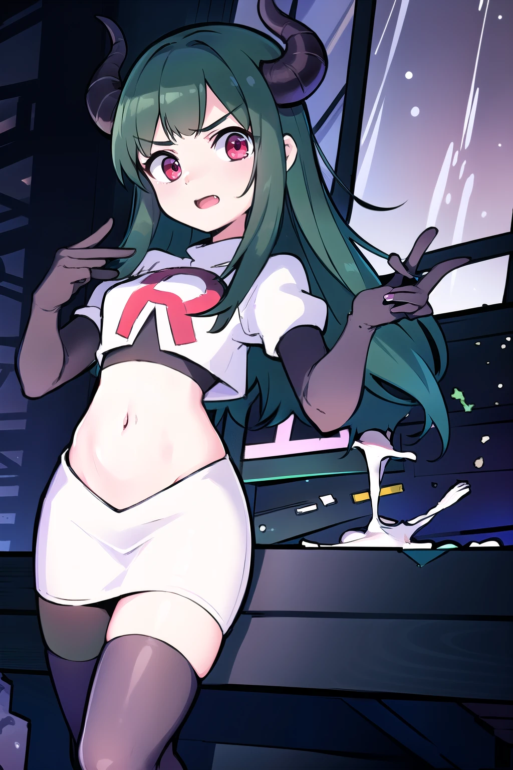 masterpiece, 1girl, simmer, green skin, colored skin, green hair, red eyes, horns, team rocket,team rocket uniform,white skirt,red letter R,crop top,black thigh-highs,black elbow gloves