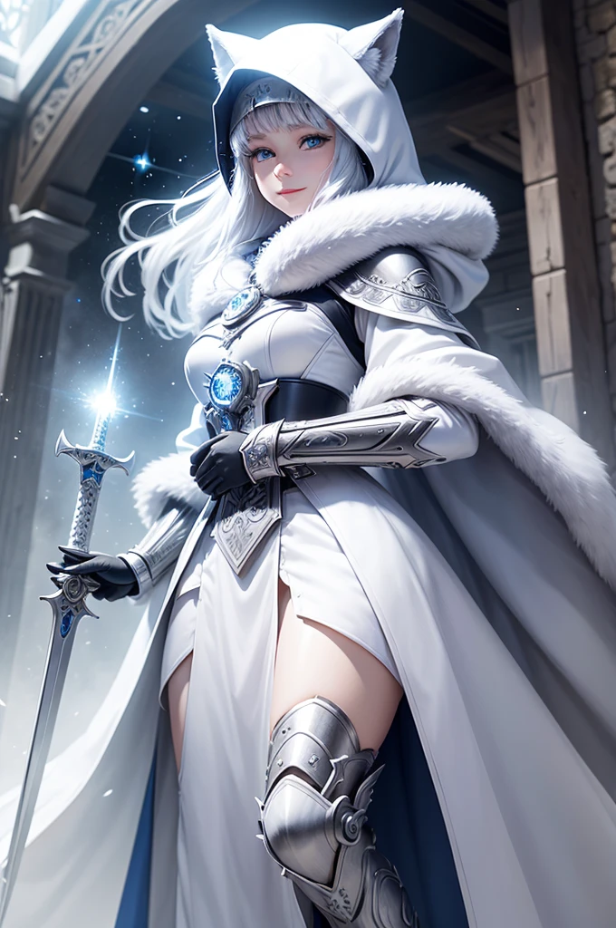 Bright and refreshing space、white is key.、Kind smile、peaceful、animal、Not alone、unmanned、In the woods、White Wolf、Robot Wolf、Have a beautiful sword、Shining blue eyes、1bolts、(Intricate details)、nffsw、(Intricate details、Ultra Detailed:1.2)、Lenses、vignette、central,、upscale、Clear eyes、Sword gleaming、Wearing a fur coat、Wear a fur hood、The air is very clean、Sparkling Space、Optics