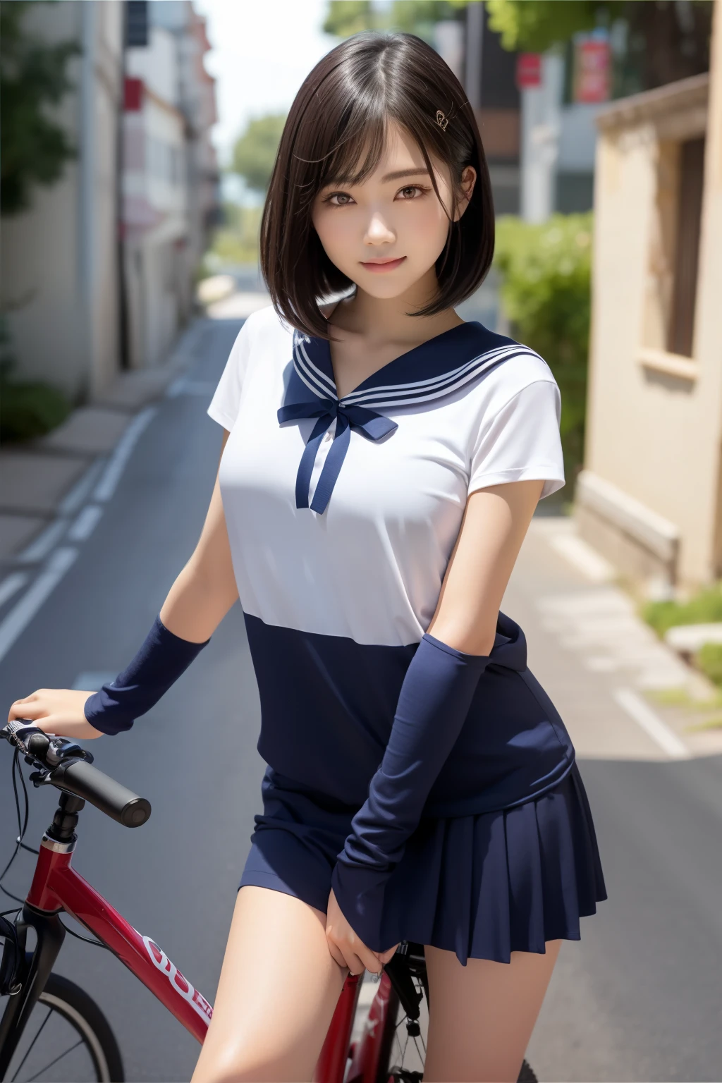 8k、(highest quality)、(masterpiece)、whole body、Very detailed、High resolution、8k、1 girl、Detailed face、(medium breasts)、Thin lips、Cute Japanese Woman、Cute 24 year old beauty、Beautiful and elegant face、Cute face、Natural Bangs、Arched eyebrows、well-groomed eyebrows、(large eyes balanced on the left and right sides,)、Cute eyes、Beautiful Eyes、Beautiful thin nose、Beautiful face line、Beautiful Skin、Medium Bob Hair、Natural Bangs、Slim face、Slim figure、(Smiling and looking at the camera)、Facial lighting、Bright lighting、Professional Lighting、Forward lighting、(Ride a road bike)、(Short-sleeved sailor suit)、(pleated micro mini skirt)、(Outdoor)、
