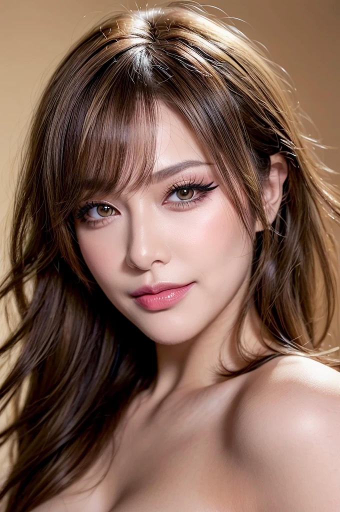 (detailed skin:1.2),(shiny skin:1.1),8k,best quality, masterpiece, ultra high res,(photorealistic:1.4), RAW photo,(soft saturation:1.3),(fair skin:1.2),mature woman,47year-old,evil smile,smile lines,gyaru,makeup,(lipstick:1.1),(eyeliner:1.2),mascara,eyeshadow, glamor, large breasts,blonde hair and brown hair, medium hair, asymmetrical hair, disheveled hair, asymmetrical bangs