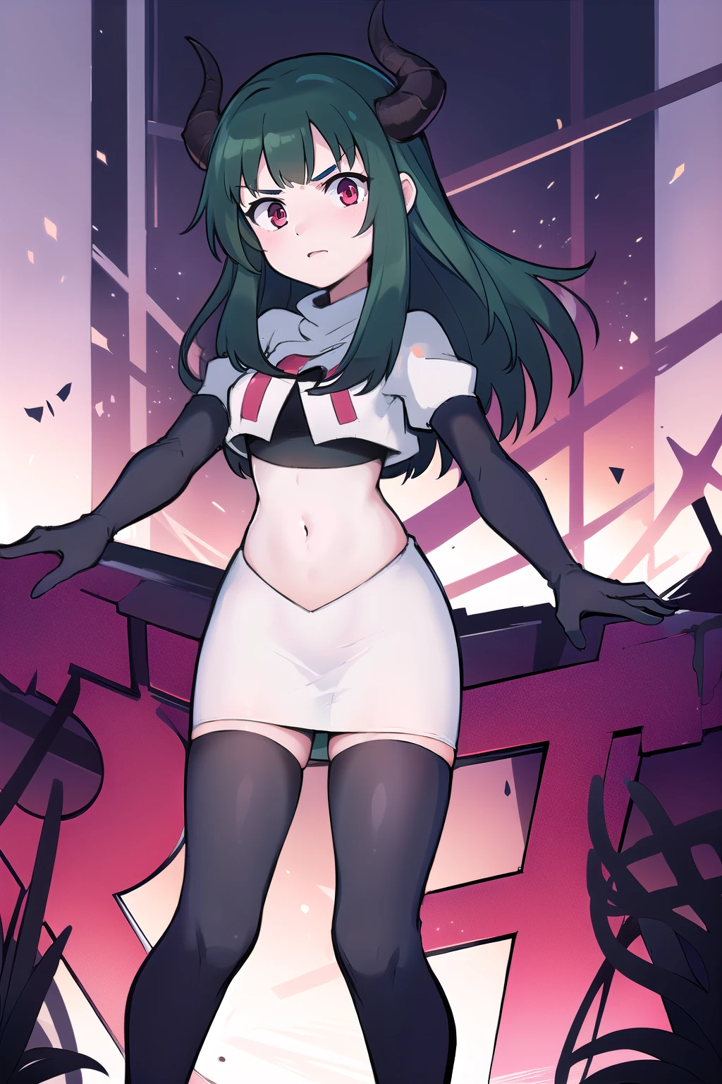 masterpiece, 1girl, simmer, green skin, colored skin, green hair, red eyes, horns, team rocket,team rocket uniform,white skirt,red letter R,crop top,black thigh-highs,black elbow gloves