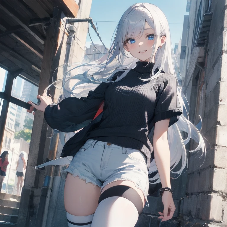 (Masterpiece, Best quality, ultra high resolution), 1 girl, Silver hair, Pale skin, Beautiful detailed face, Detailed eyes, posing on a, On a white background, Dynamic lighting, dynamic shadowing, looking at viewer, White stone punk fashion,(Posing for a photo),((White clothes)), (((black thigh highs))), ((jean shorts, skirt)), white sweater, ((Blue eyes)), happy, smiling, black straps, black strap design, ((Long white hair)), energetic, cheerful, cityscape background