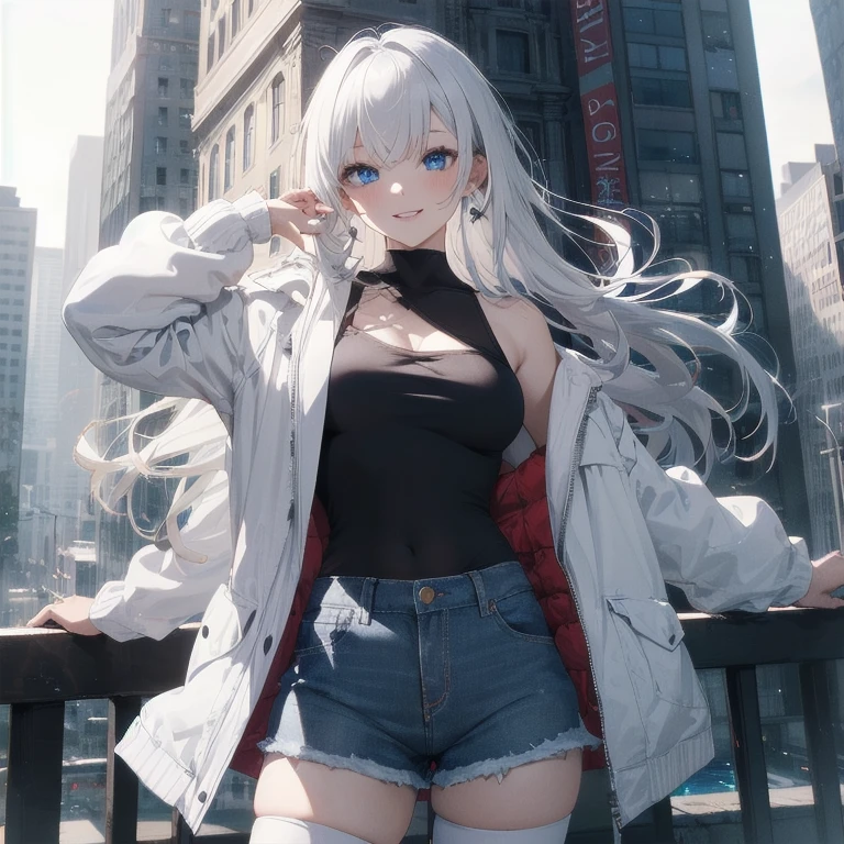 (Masterpiece, Best quality, ultra high resolution), 1 girl, Silver hair, Pale skin, Beautiful detailed face, Detailed eyes, posing on a, On a white background, Dynamic lighting, dynamic shadowing, looking at viewer, White stone punk fashion,(Posing for a photo),((White clothes)), (((black thigh highs))), ((jean shorts, skirt)), white sweater, ((Blue eyes)), happy, smiling, black straps, black strap design, ((Long white hair)), energetic, cheerful, cityscape background