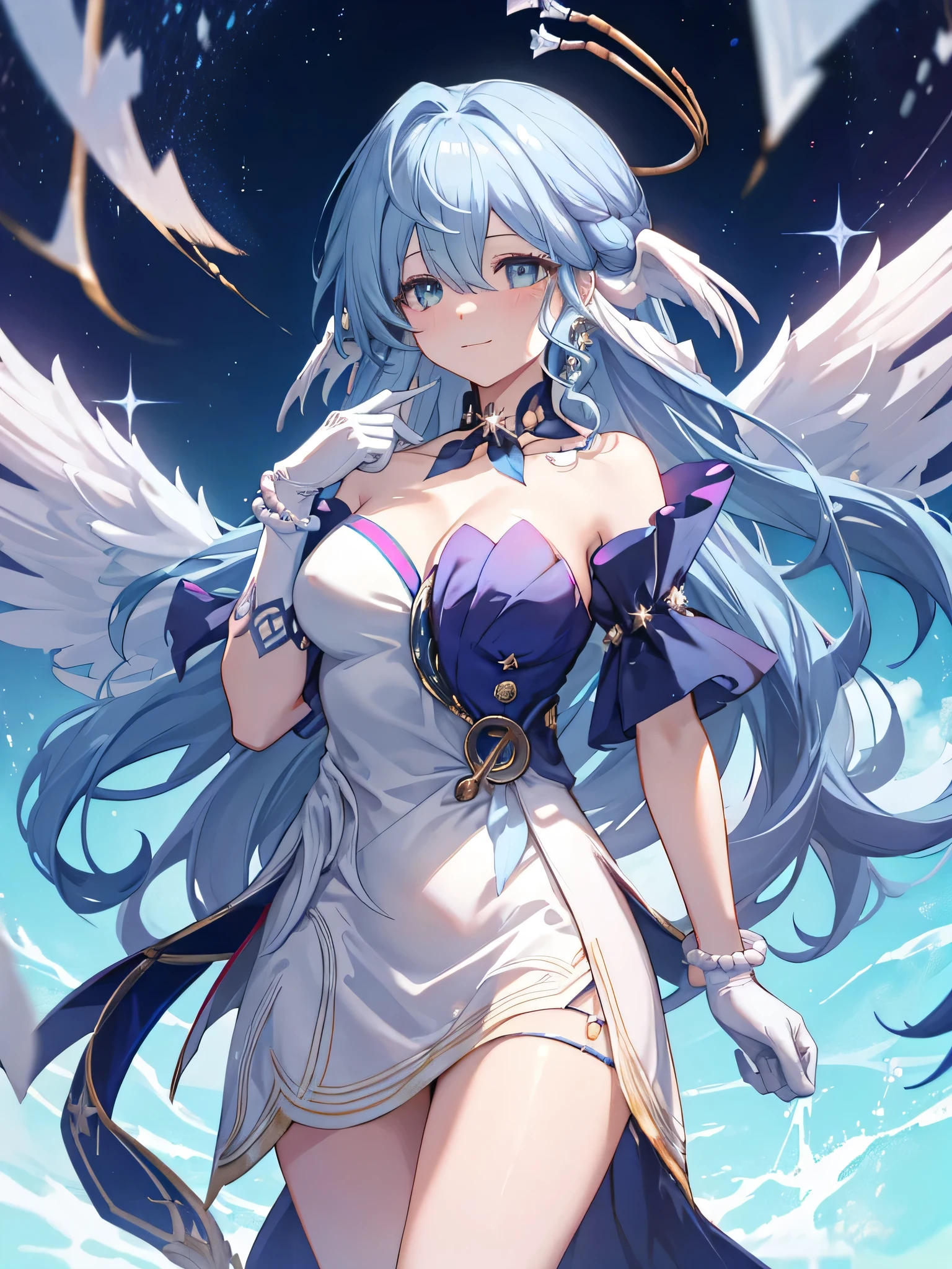 robin , 1girl, breasts, long hair, solo, cleavage, gloves, holding, white gloves, bare shoulders, smile, staff, looking at viewer, large breasts, jewelry, halo, strapless, earrings, thighs, bangs, cowboy shot, very long hair, closed mouth, choker, wings, hair between eyes, blush, bracelet, hair ornament, beads, star (sky), sky, collarbone, starry sky, medium breasts, crossed bangs, star (symbol), virtual youtuber