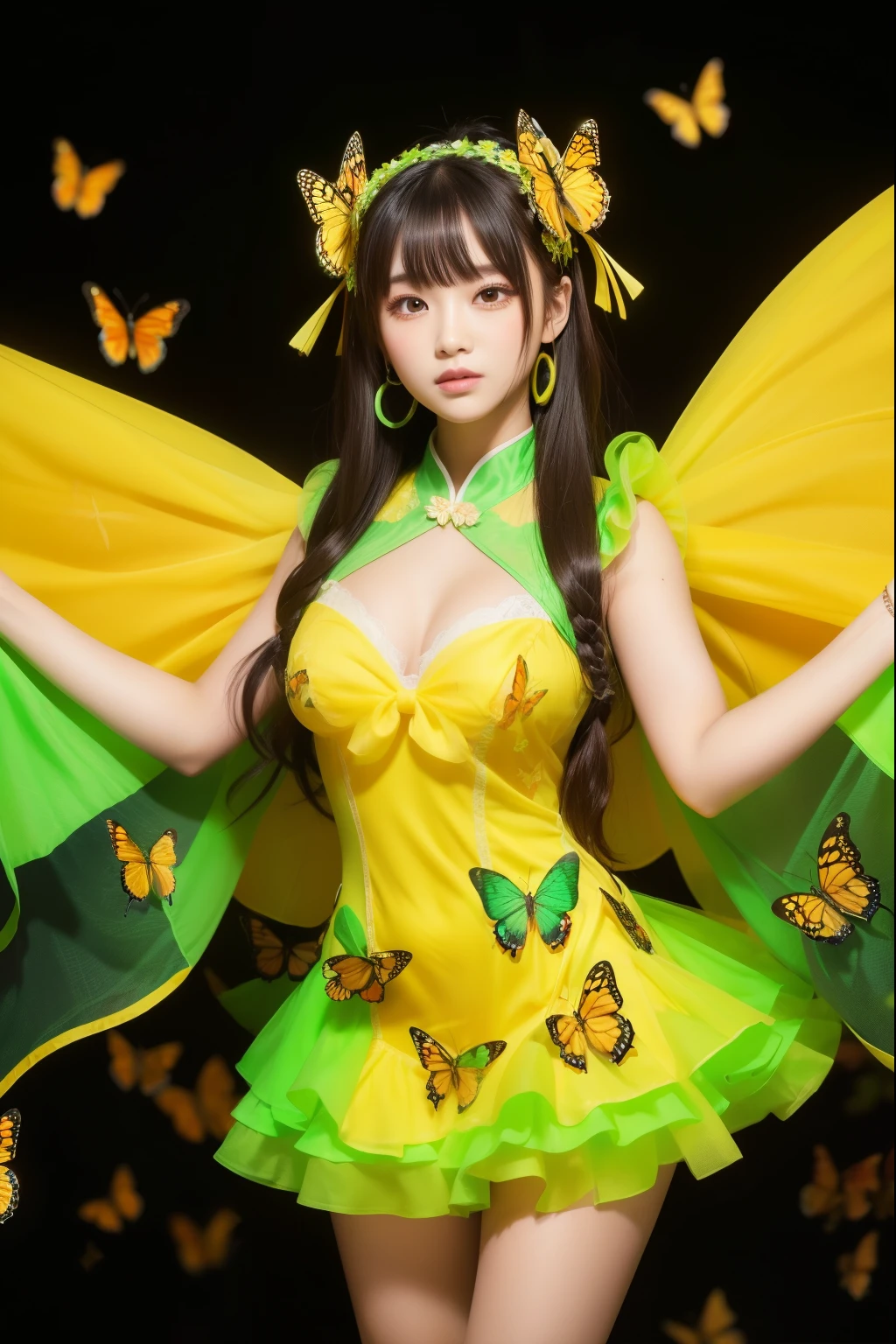 Female idol covered in butterflies、Whole Body Ezbian、、A Chinese dress covered with butterflies（fluorescent green and yellow）、Illuminate、Apparition