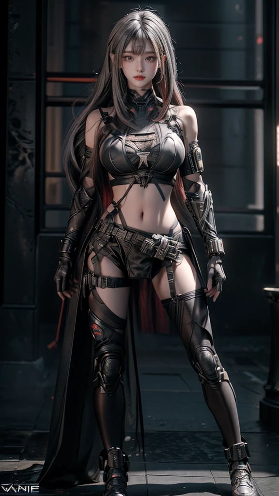 Masterpiece,Game art,The best picture quality,Highest resolution,8K,(Portrait),Unreal Engine 5 rendering works,(Digital Photography),((Portrait Feature:1.5)),
20 year old girl,Short hair details,With long bangs,(The red eye makeup is very meticulous),(With long gray hair:1.4),(Large, full breasts),Elegant and noble,Brave and charming, Warrior of the future,Cyberpunk figures,Background of war,
Movie lights,Ray tracing,Game CG,((3D Unreal Engine)),OC rendering reflection pattern, bikini armor, full body, wear underwear, perfect breast