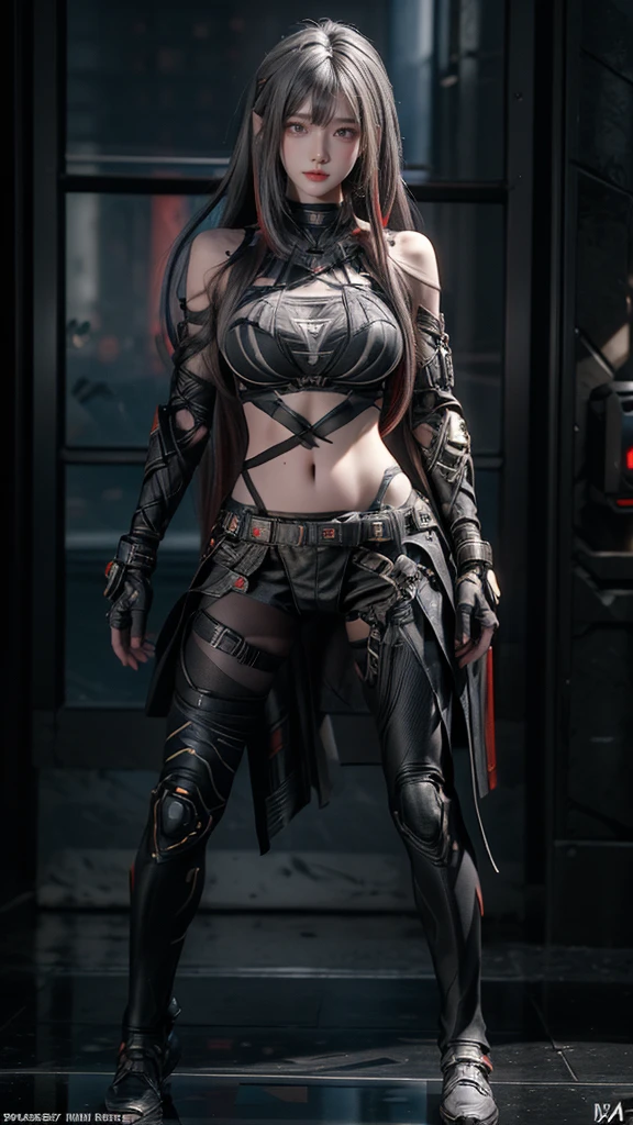 Masterpiece,Game art,The best picture quality,Highest resolution,8K,(Portrait),Unreal Engine 5 rendering works,(Digital Photography),((Portrait Feature:1.5)),
20 year old girl,Short hair details,With long bangs,(The red eye makeup is very meticulous),(With long gray hair:1.4),(Large, full breasts),Elegant and noble,Brave and charming, Warrior of the future,Cyberpunk figures,Background of war,
Movie lights,Ray tracing,Game CG,((3D Unreal Engine)),OC rendering reflection pattern, bikini armor, full body, wear underwear, perfect breast