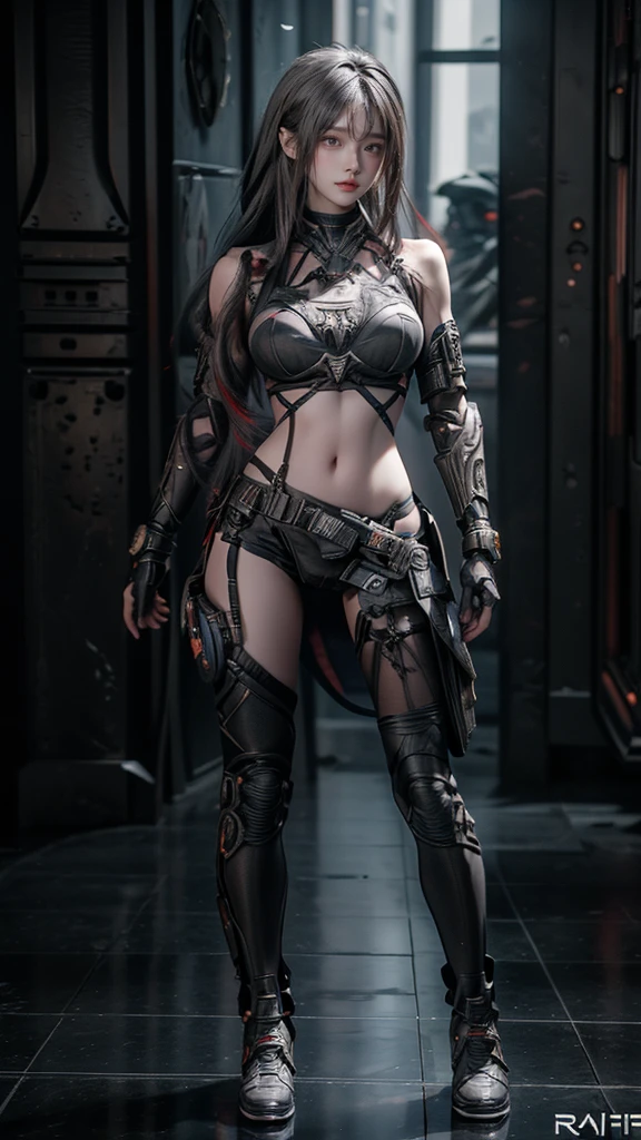 Masterpiece,Game art,The best picture quality,Highest resolution,8K,(Portrait),Unreal Engine 5 rendering works,(Digital Photography),((Portrait Feature:1.5)),
20 year old girl,Short hair details,With long bangs,(The red eye makeup is very meticulous),(With long gray hair:1.4),(Large, full breasts),Elegant and noble,Brave and charming, Warrior of the future,Cyberpunk figures,Background of war,
Movie lights，Ray tracing，Game CG，((3D Unreal Engine))，OC rendering reflection pattern, bikini armor, full body, wear underwear, perfect breast