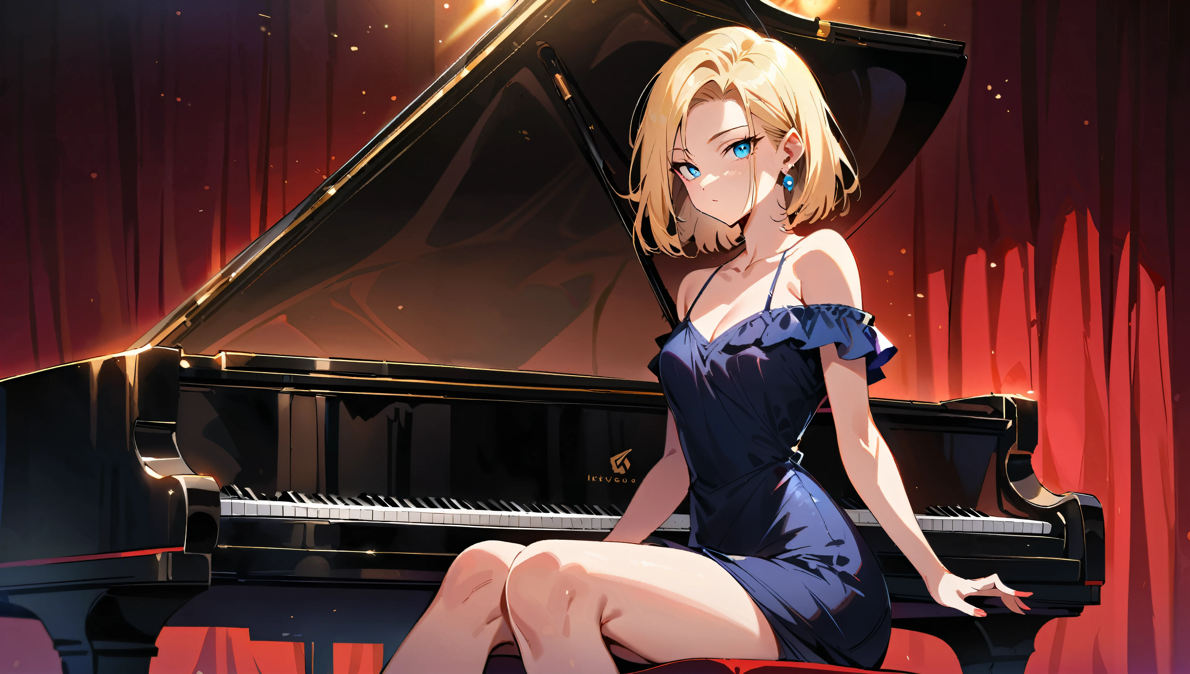 (masterpiece, best quality:1.2), upper body and lap shot showing collarbone, shoulders, hint of toned thighs, solo, Android 18 from Dragon Ball, seated on a luxurious velvet tufted chair, (playing a black grand piano on stage:1.2), (hands gracefully gliding across the keys), off-shoulder sleek black evening gown with knee-length slit, short blonde hair loose in casual messy style, blue eyes focused on the piano keys, dangling earrings, slender feminine figure, warm stage lighting spotlight, dim auditorium background with plush red seats, concert hall for piano recitals, 4K