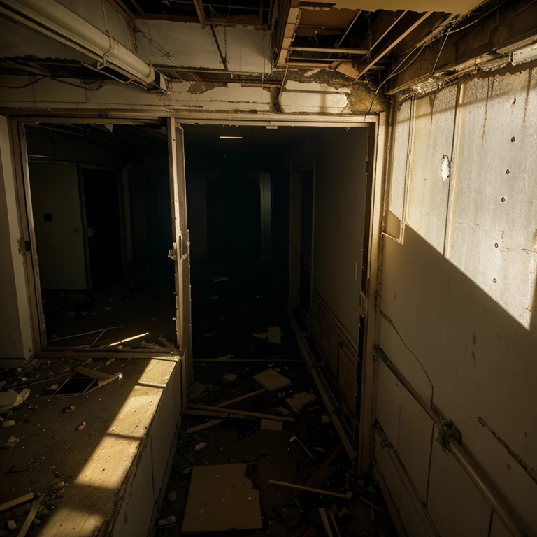 First-person view from the 16th floor of an abandoned building, It is possible to see the sunset and the yellowish light enters the building through a giant hole in the wall.the building is in a forest