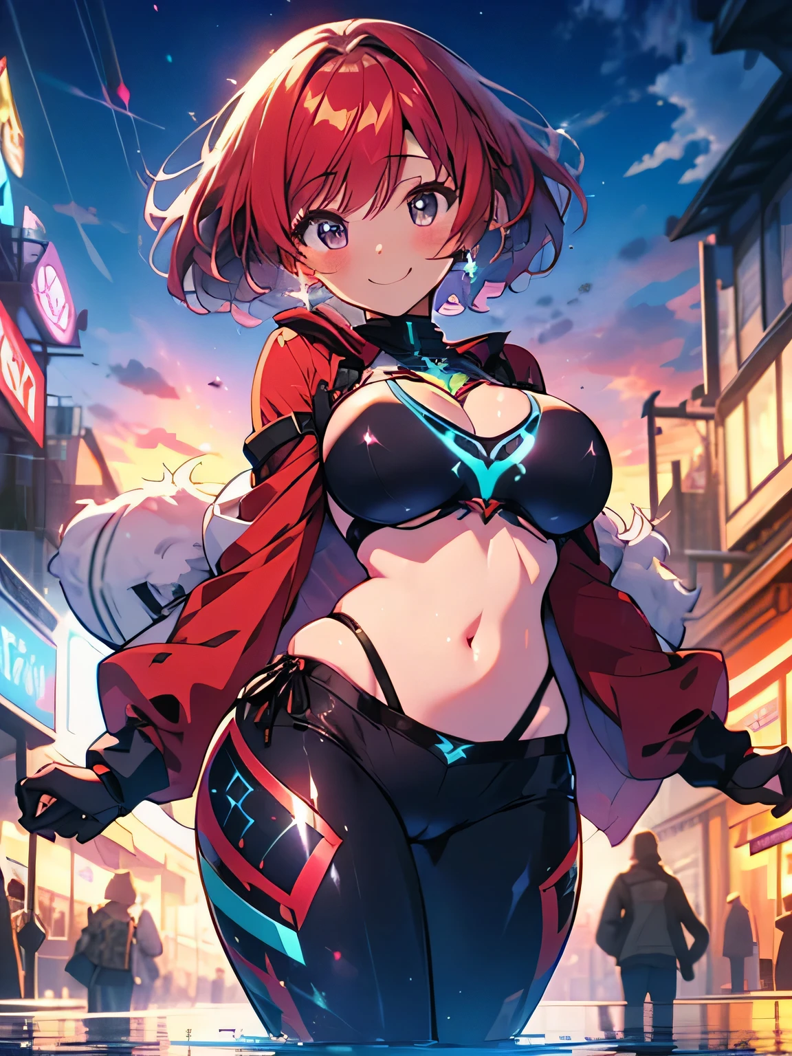 Anime illustration、highest quality、Fantasy、Voluptuous Companion、Red Hair、carnival、main Street、Rash guard、Bikini pants、Xenoblade Chronicles 2、Homura、Big Breasts、Thick legs、Beautiful, shining eyes、smile、Noise Reduction