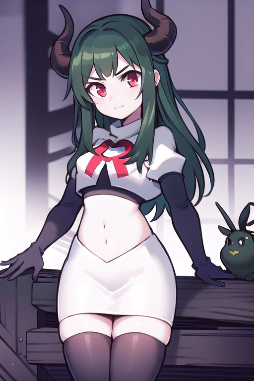 masterpiece, 1girl, simmer, green skin, colored skin, green hair, red eyes, horns, team rocket,team rocket uniform,white skirt,red letter R,crop top,black thigh-highs,black elbow gloves