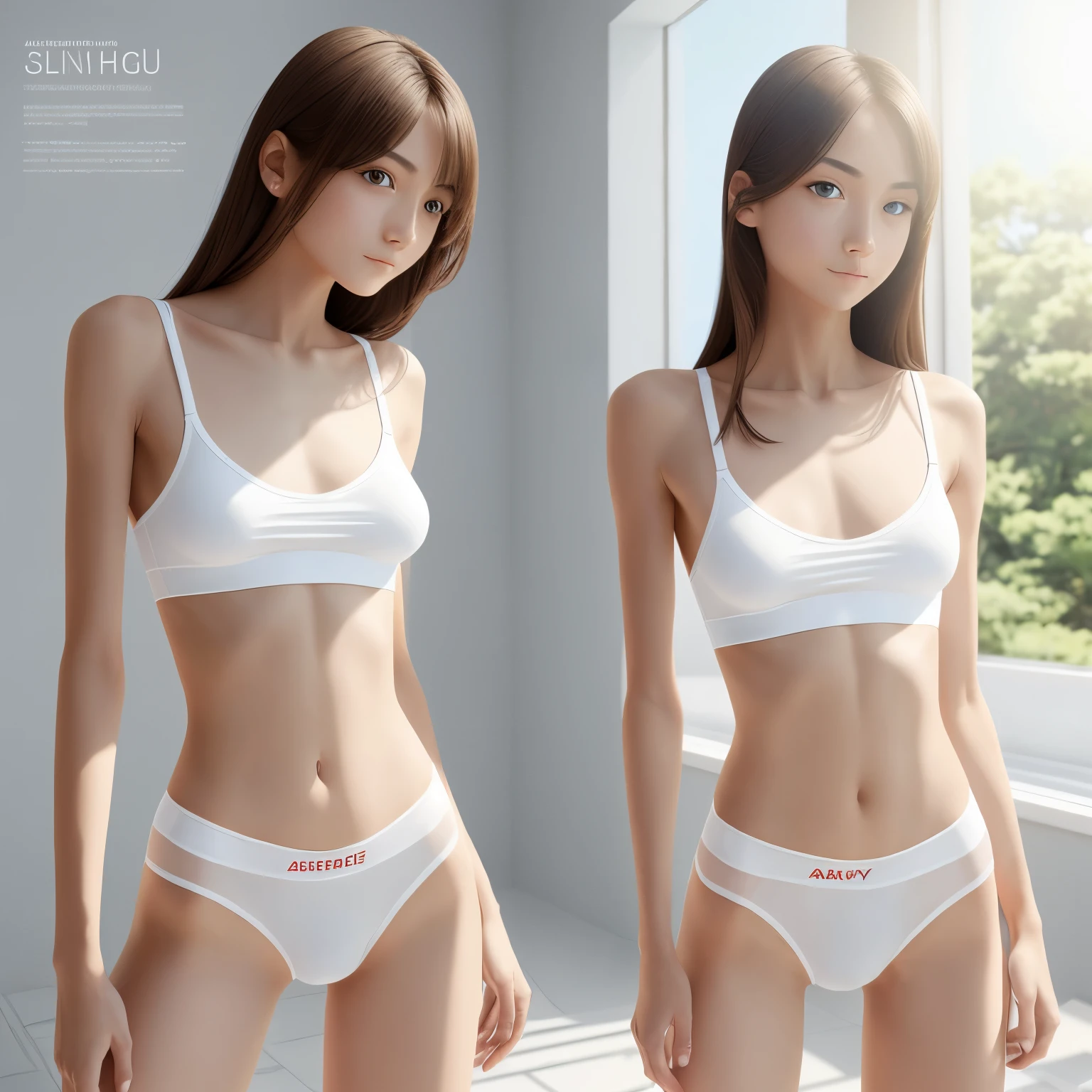 Anorexic skinny girl, In underwear, whole body, sunlight, Clear Face, Clean white background, masterpiece, Super Detail, A magnificent composition, Ultra HD, high quality, Very detailed, Official Art, Uniform 8k wallpaper, Super Detail, 32k