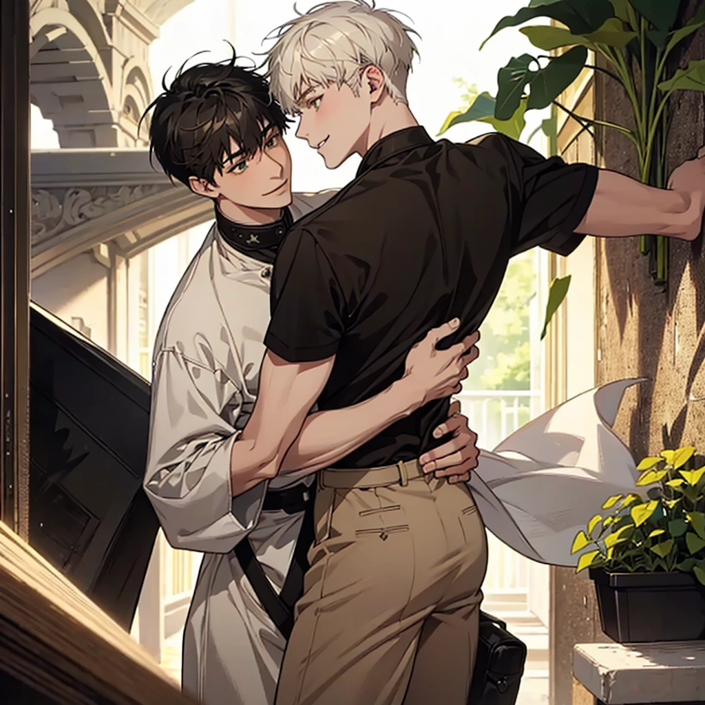 Two young men hugging.one is beautiful ,18years old with white short hair and green eyes with cute smile.the other is serious characterized ,23years old with black wolfy haircut and yellowish brown eyes,smiling with soft smile