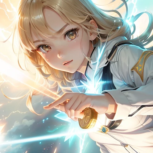 a young girl holding a coin in her hand with a light shining behind her, railgun, female protagonist :8, powering up aura, anime psychic girl of the future, female protagonist, detailed key anime art, she is attracting lightnings, ethereal anime, lightning effect