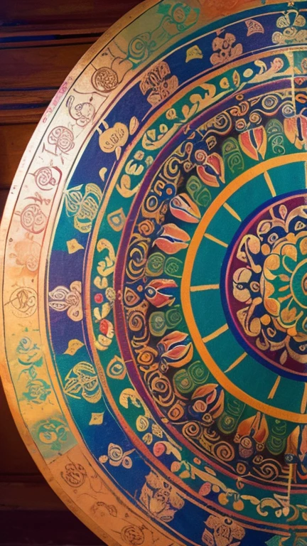 close up of a colorfully decorated cloth with a clock, a beautiful buddhist mandala, thangka, tibetan thangka, tibetan painting, mandala, mandala art, samsara, giant lotus mandala, mandalas, lying on a mandala, colorful mandala, lotus mandala, wonderful masterpiece, tibet, great masterpiece, tibetan text script, mandala ornament, breathtaking art