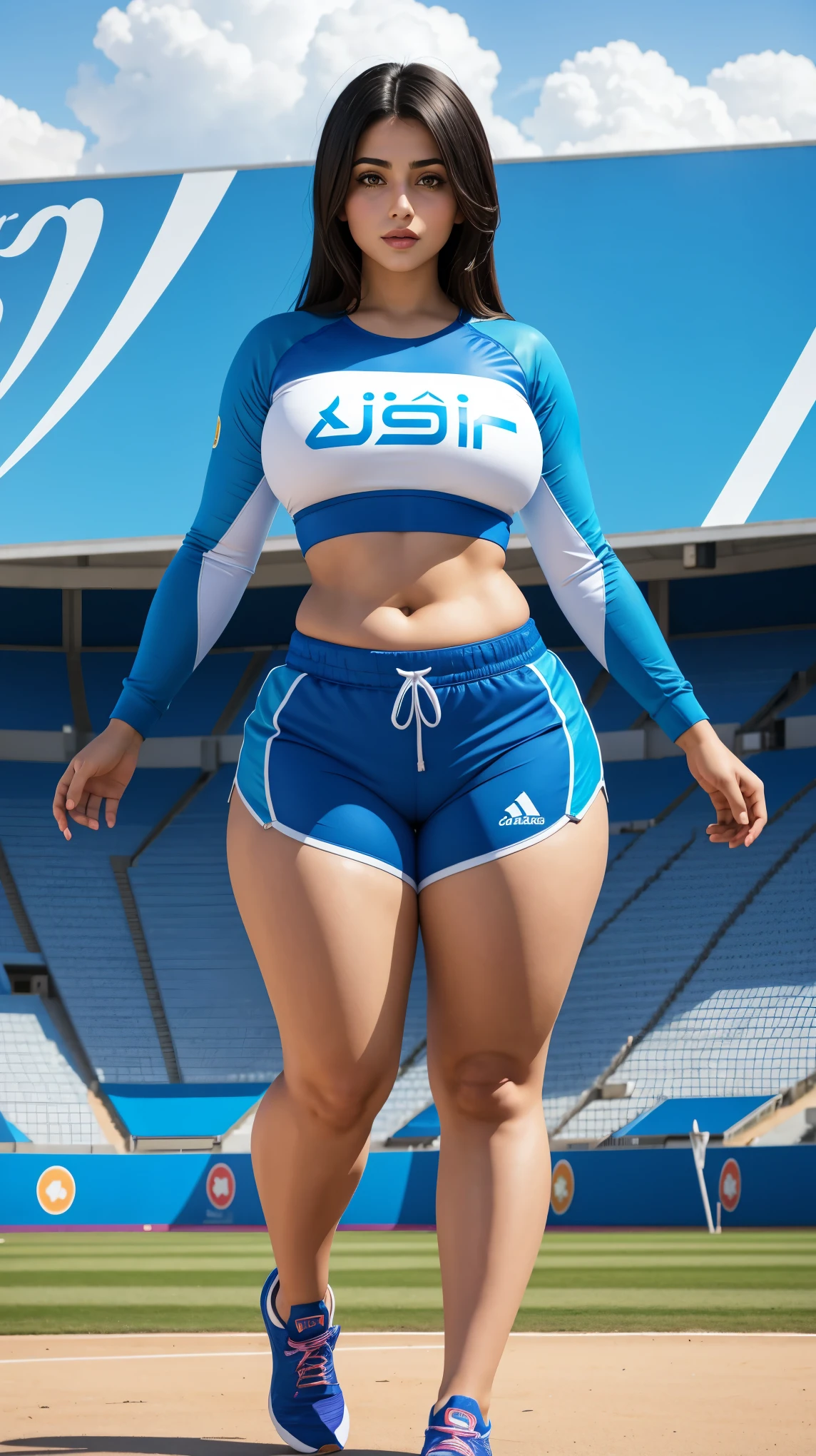 Arabic teacher in stadion, angut face, curvy body, very detail , Short hair, use Glasses,wide hips, loong legs ,thick high, full body in camera, wearing Sports shoes, Wearing jogging shorts clothes and a small pale blue crop top