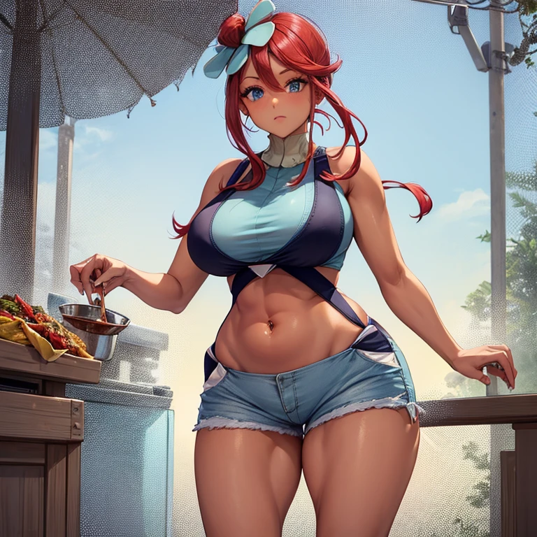A woman in a tank top and full-zip shorts making salsa sauce at a taco stand Jeans have belts Belly button piercing There are side slits Big butt Detail the buttocks Detailing the groin area Up to the thighs High leg Swirl Eyes Bow-legged