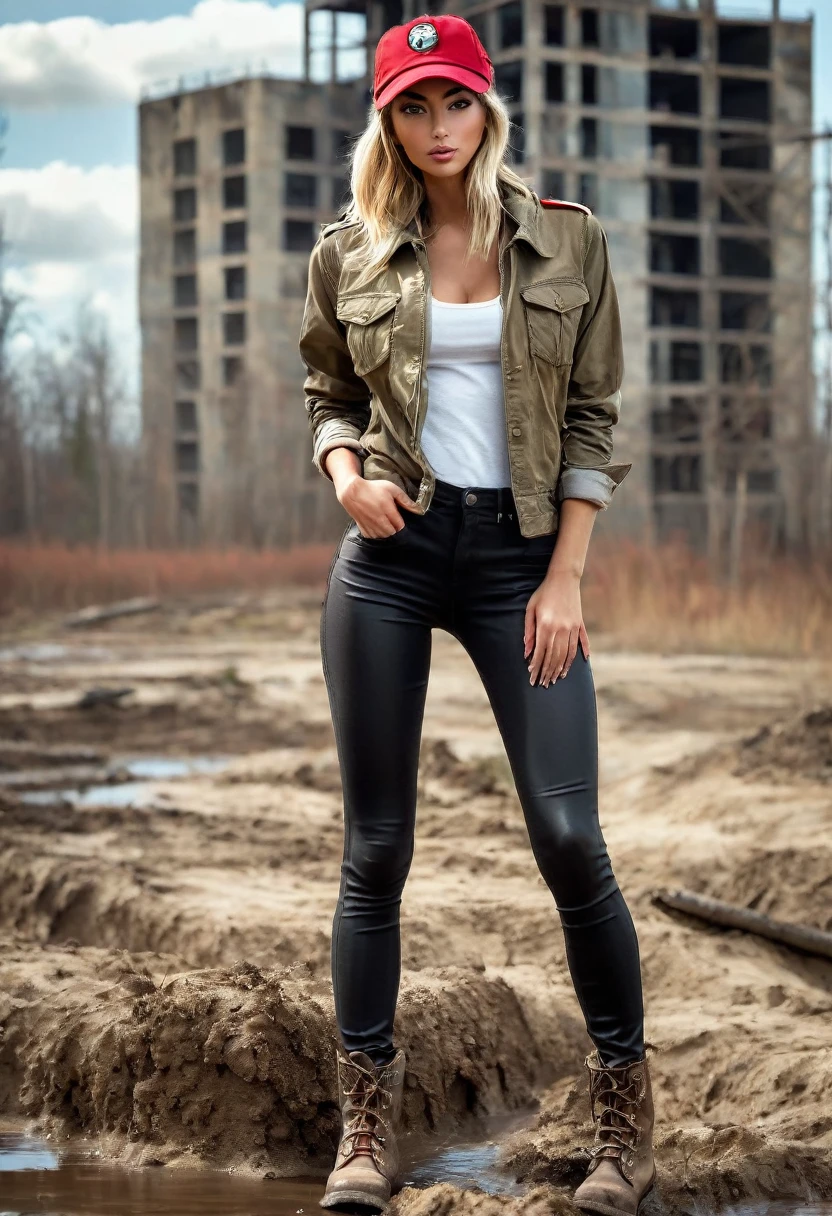 (Slim sexy body girl, long legs, tanned skin), (open khaki military long sleeves jacket), (washed-out black high-rise long tight jeggings:1.5), (tight red checkered shirt with cleavage), (hiking boots), (baseball cap), (leather gloves). photorealist. (legs spread wide showing crotch), (Sunny day), (post-apocalyptic landscape) (sitting in mud).