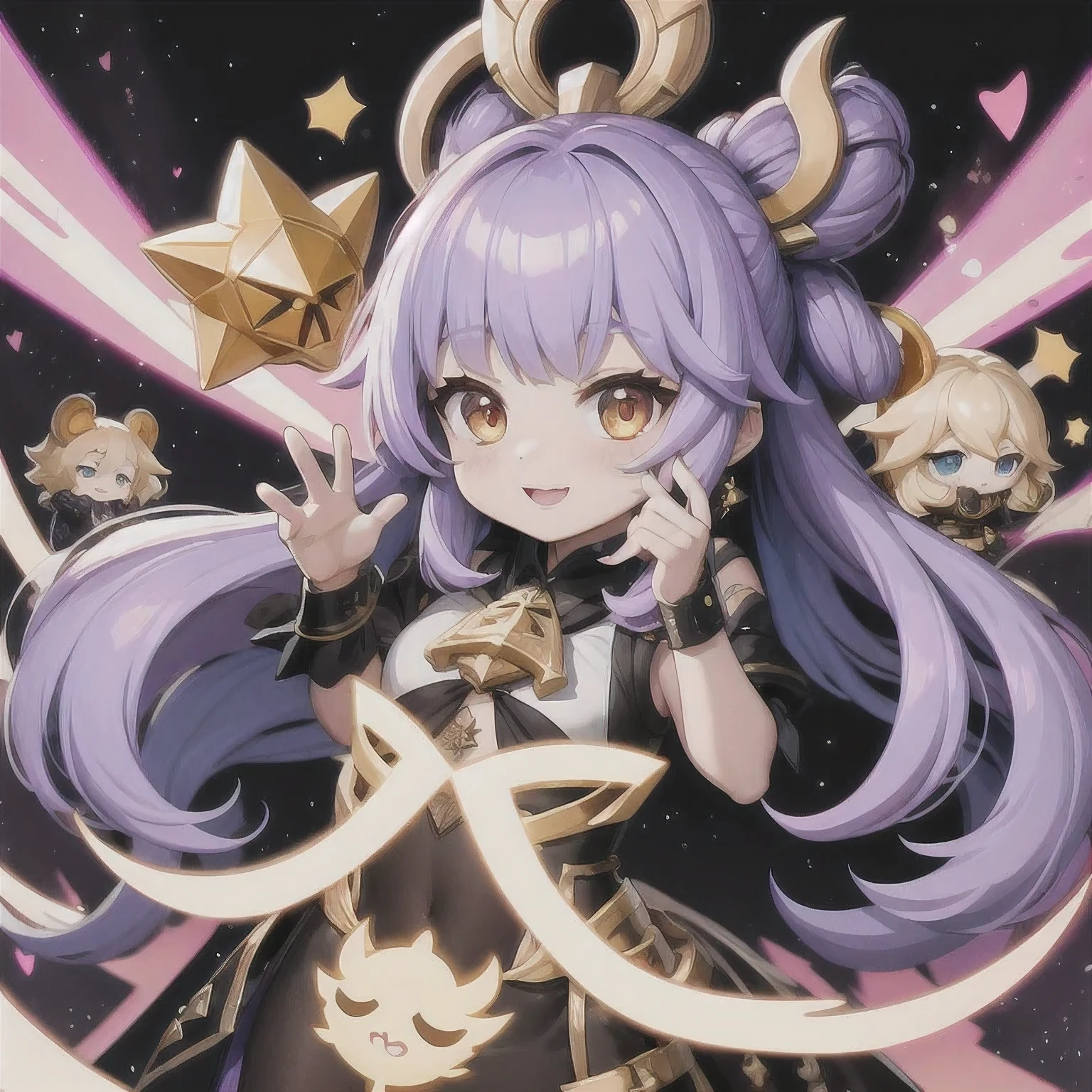 a cartoon image of a girl with a purple hair and a black top, kda, character art of maple story, advanced digital chibi art, arcane art style, 2 d sprite, genshin impact character, official character art, chibi monster girl, chibi, , noire, ayaka genshin impact, maplestory mouse, hero 2 d fanart artsation，a cartoon image of a girl with a purple hair and a purple outfit, , chibi, kda, twitch emote, chibi monster girl, [[[[grinning evily]]]], 2 d sprite, of a ramlethal valentine, holding a pudica pose, melty, cute cyber gods, advanced digital chibi art
