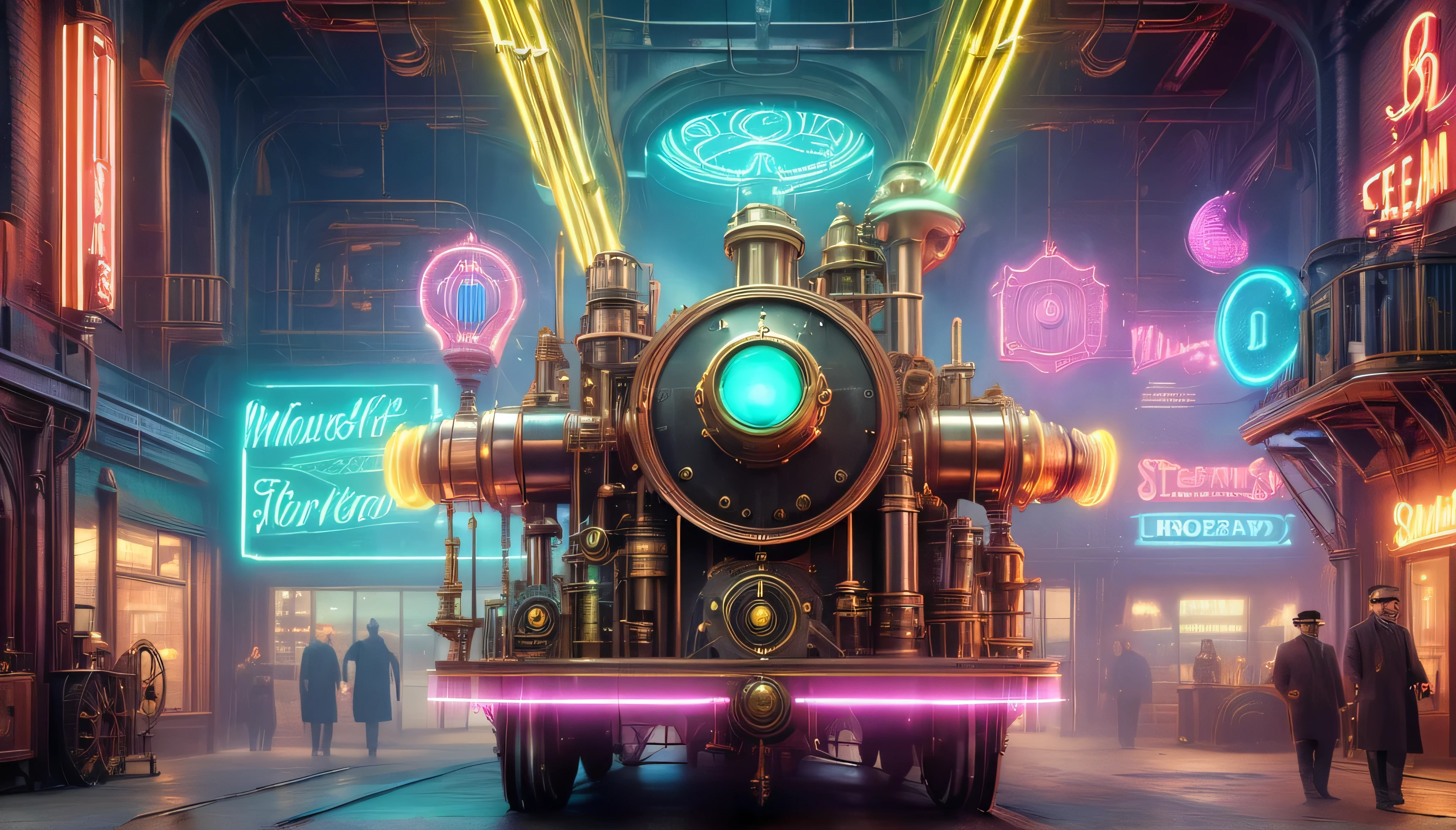 (best quality,8k,masterpiece:1.2),ultra-detailed,high-res,industrial steampunk:1.5, steam vents:1.5, neon gleam, surreal art, sharp definition, V-Ray rendering, intense colors, pastel shades, neon signage, LED strips, wispy fog